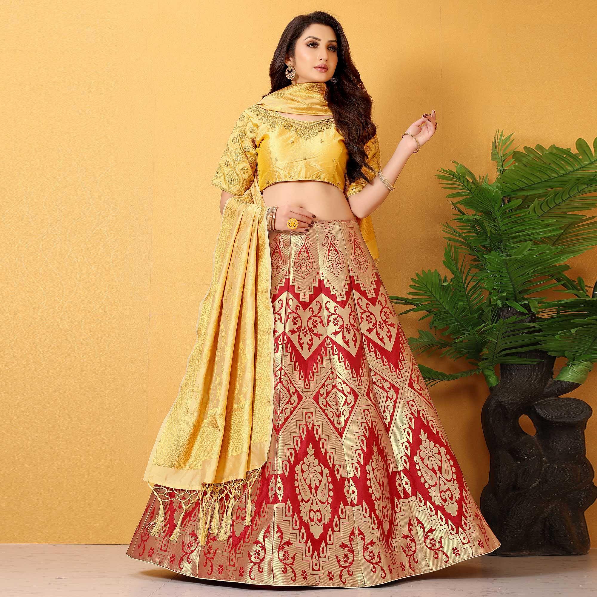 Red-Gold Meenakari Woven Banarasi Silk Lehenga Choli - Peachmode