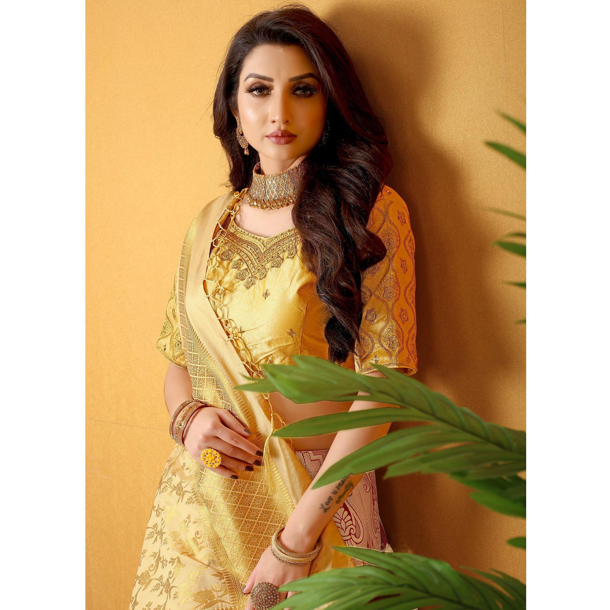 Red-Gold Meenakari Woven Banarasi Silk Lehenga Choli - Peachmode