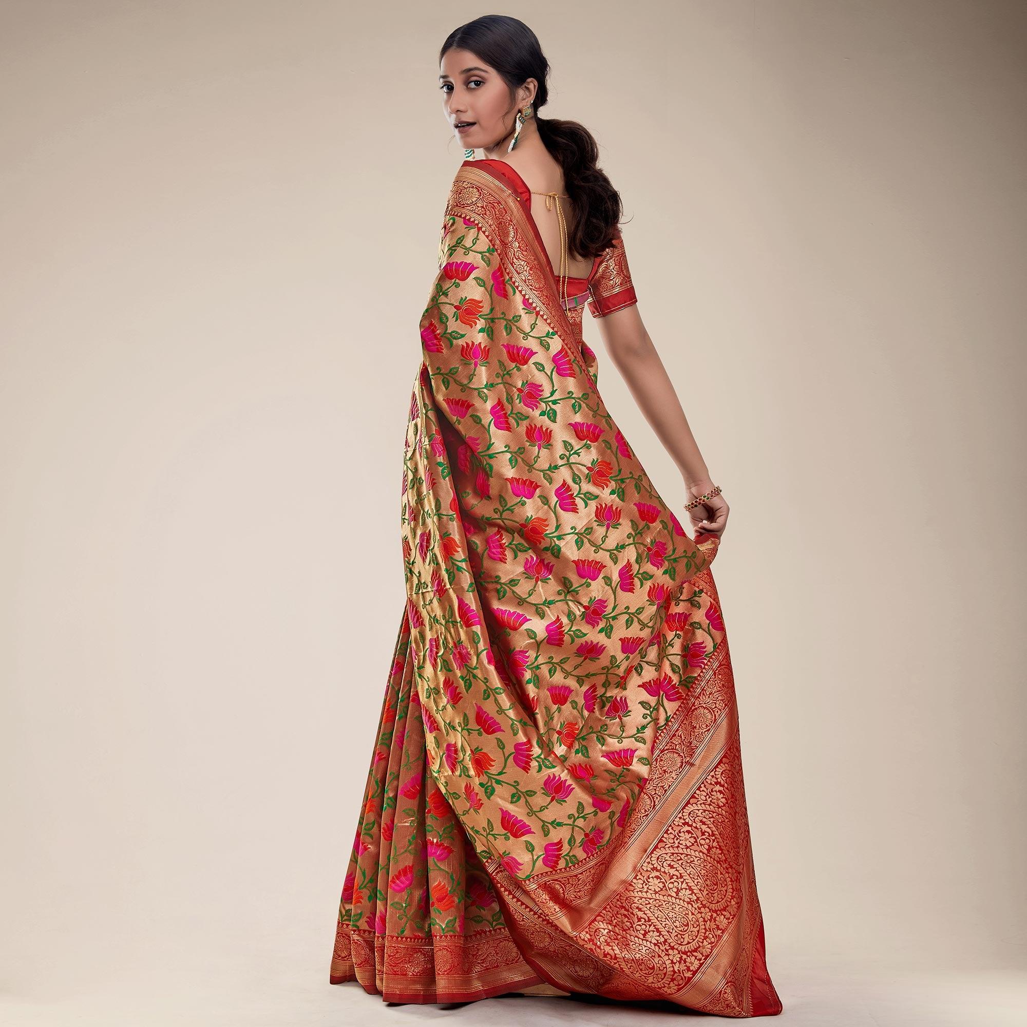 Red-Golden Festive Wear Designer Floral Woven Paithani Silk Saree - Peachmode