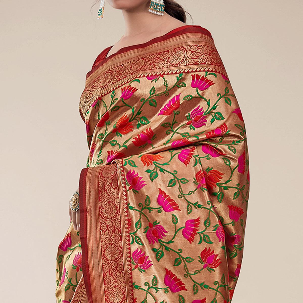 Red-Golden Festive Wear Designer Floral Woven Paithani Silk Saree - Peachmode