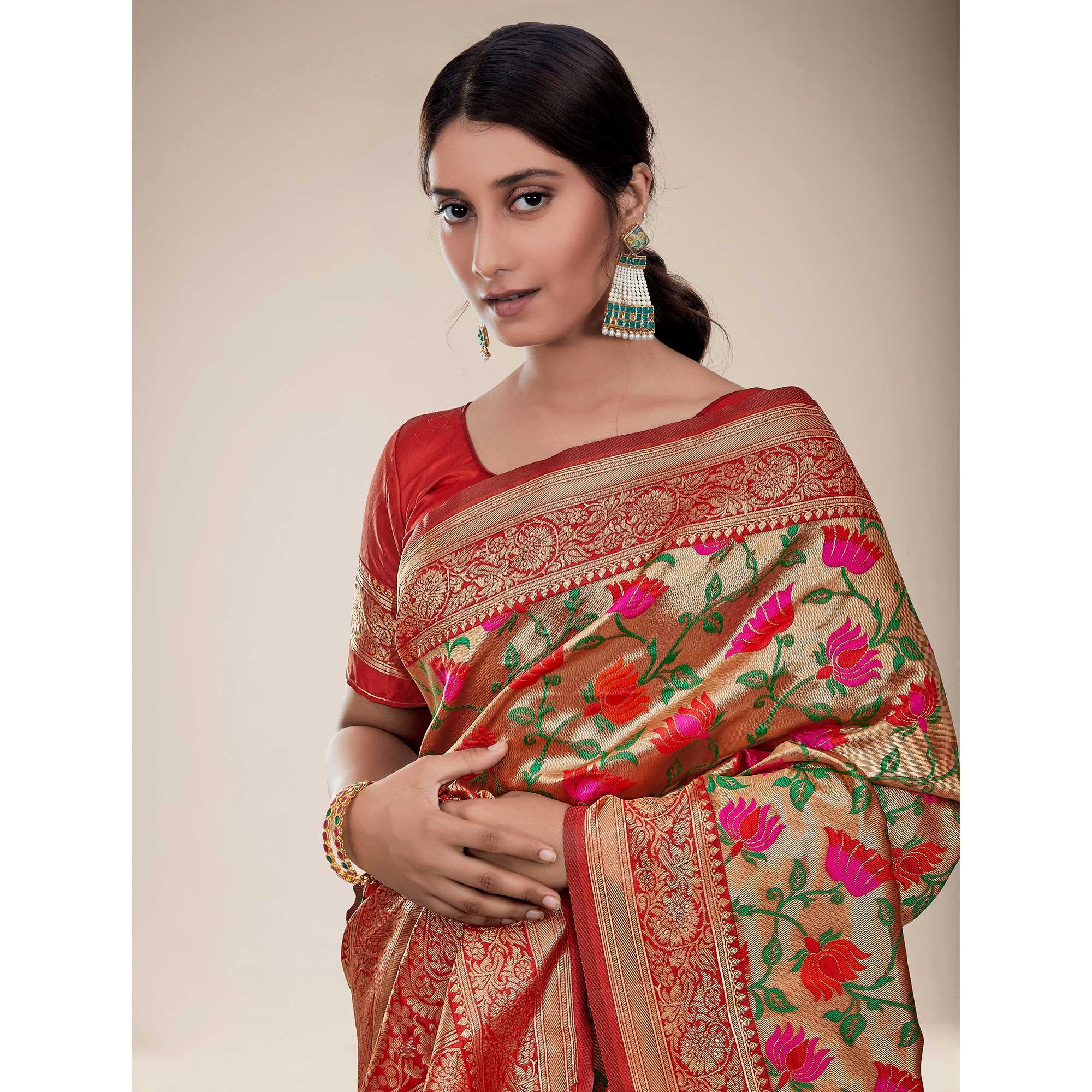 Red-Golden Festive Wear Designer Floral Woven Paithani Silk Saree - Peachmode