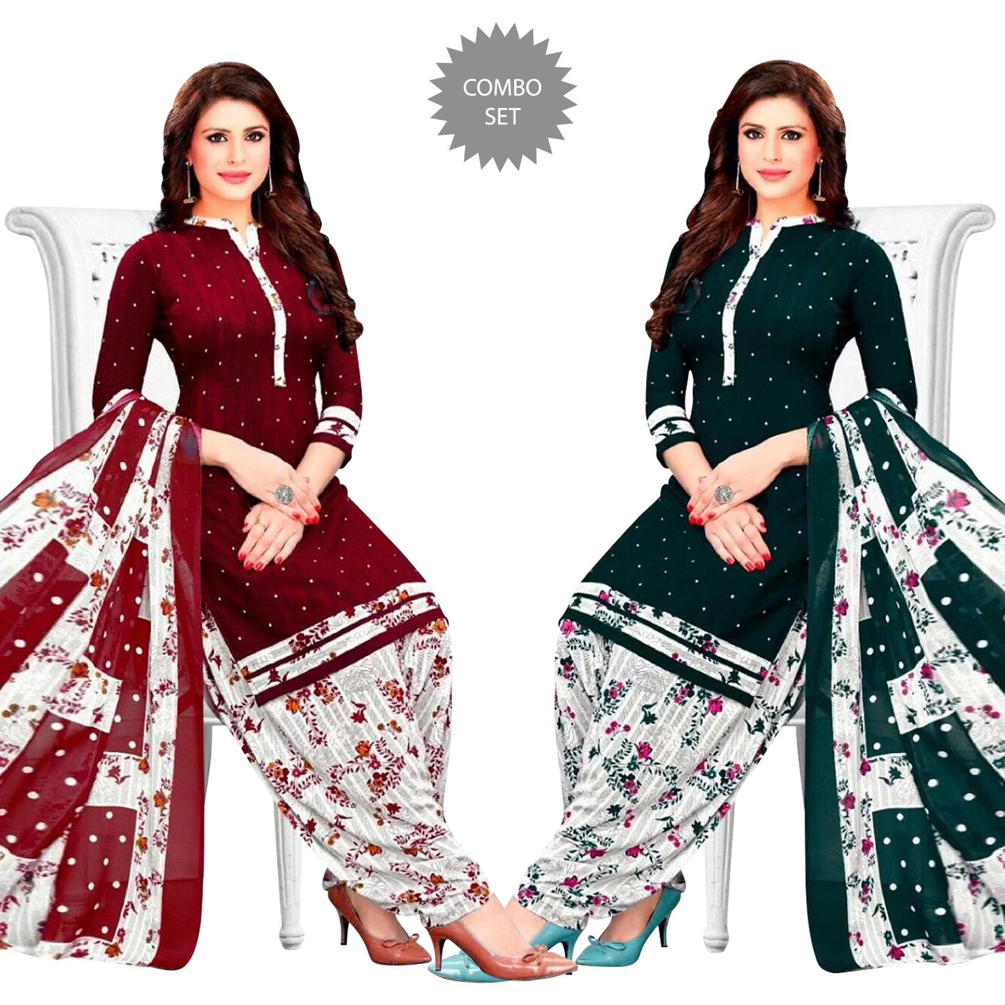 Red-Green Casual Printed Leon Patiala Dress Material Pack of 2 - Peachmode