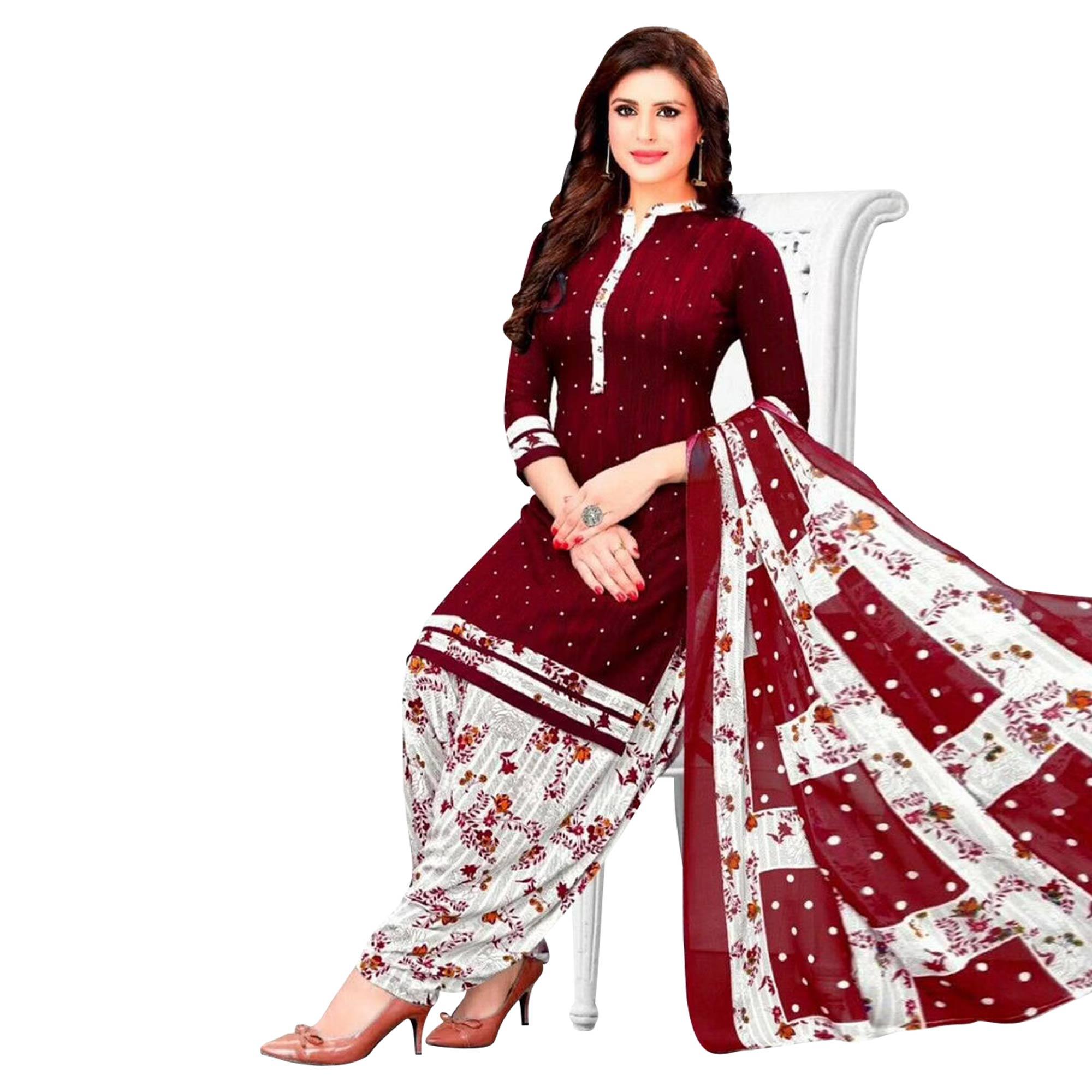 Red-Green Casual Printed Leon Patiala Dress Material Pack of 2 - Peachmode