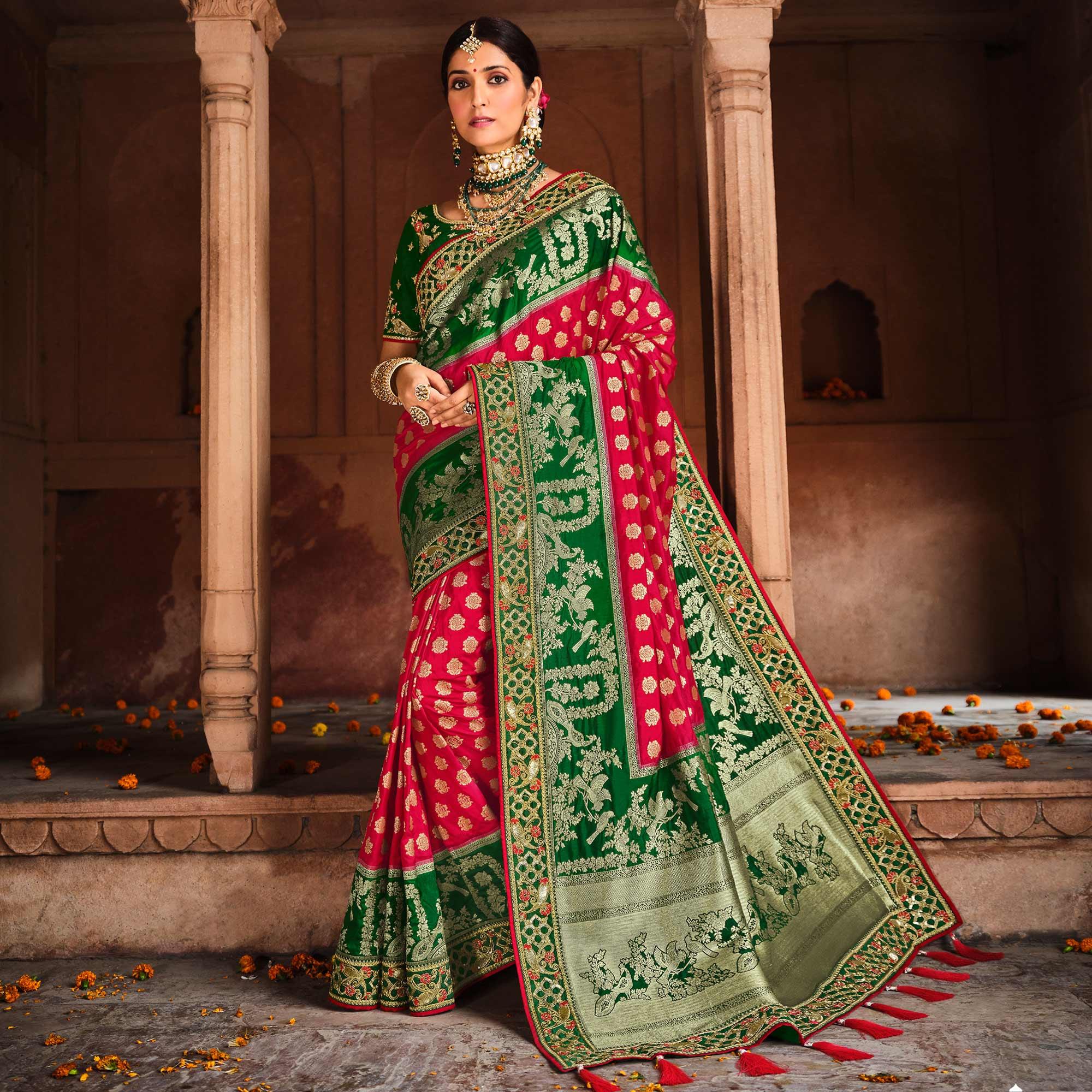 Red-Green Festive Wear Woven With Zari & Diamond Work Banarasi Silk Saree - Peachmode