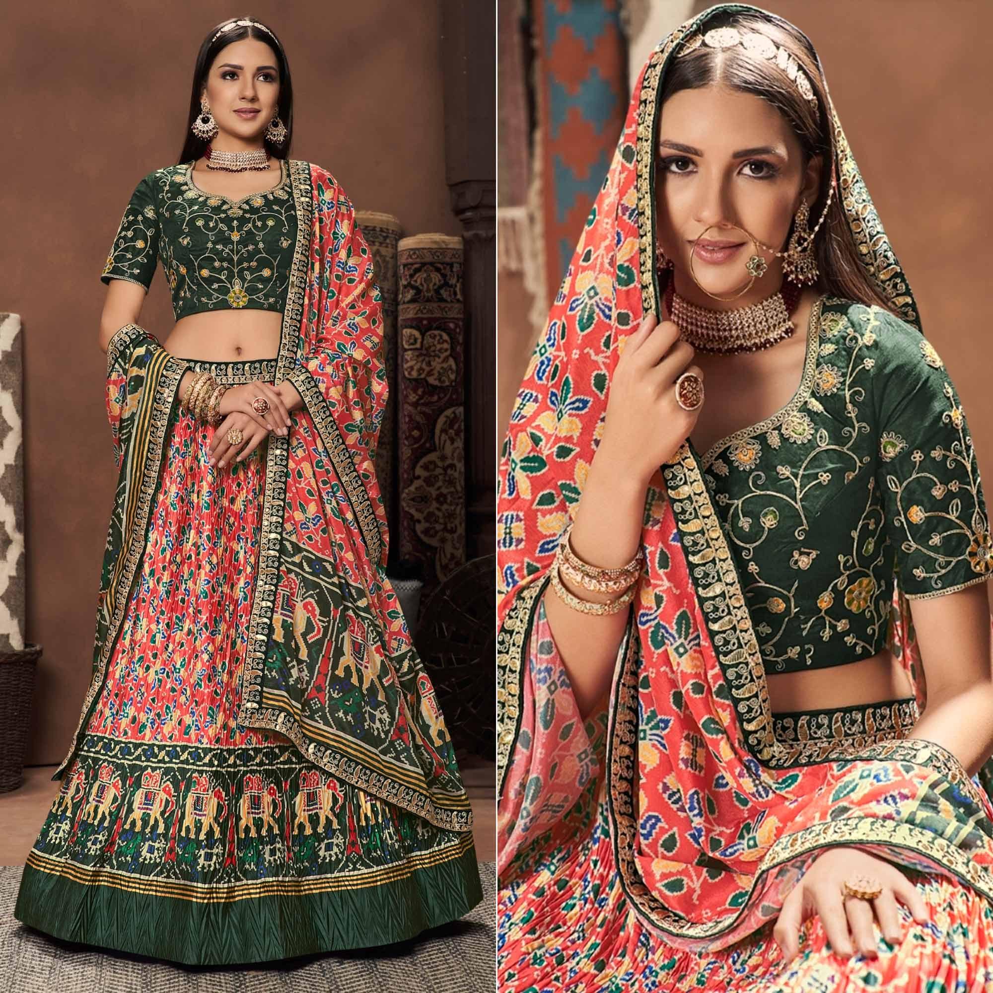 Red-Green Floral Printed Art Silk Lehenga Choli - Peachmode