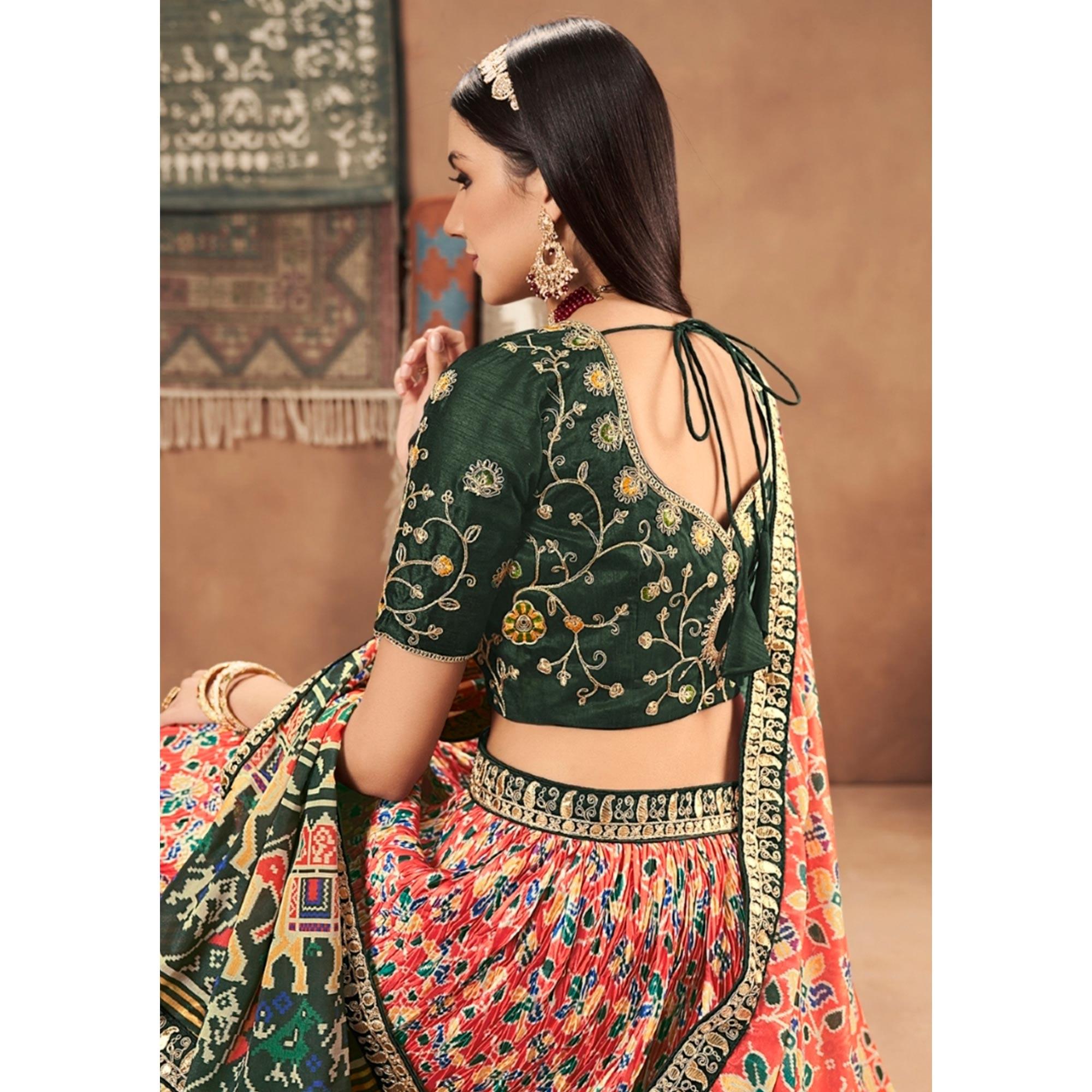 Red-Green Floral Printed Art Silk Lehenga Choli - Peachmode