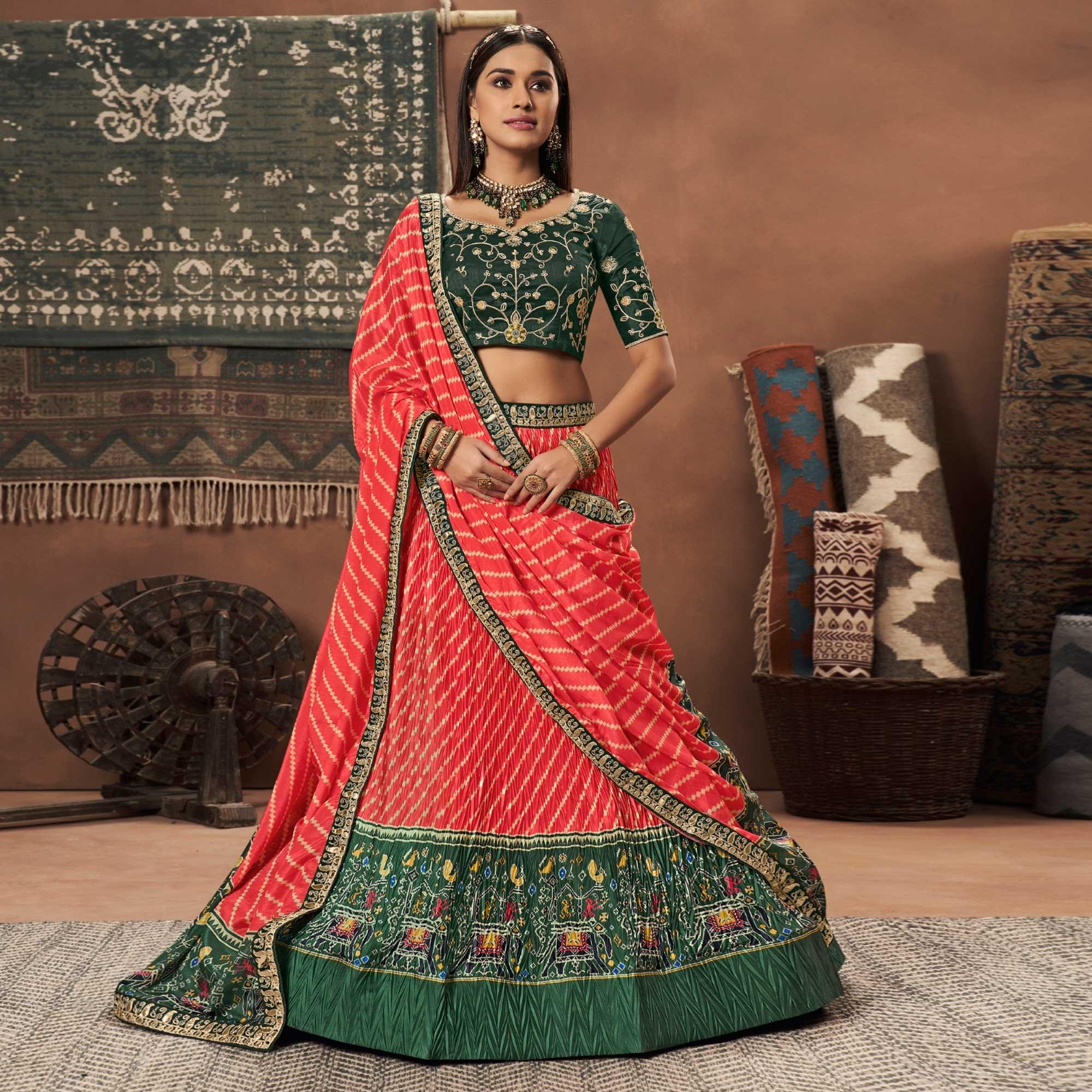 Red-Green Stripes Printed Art Silk Lehenga Choli - Peachmode