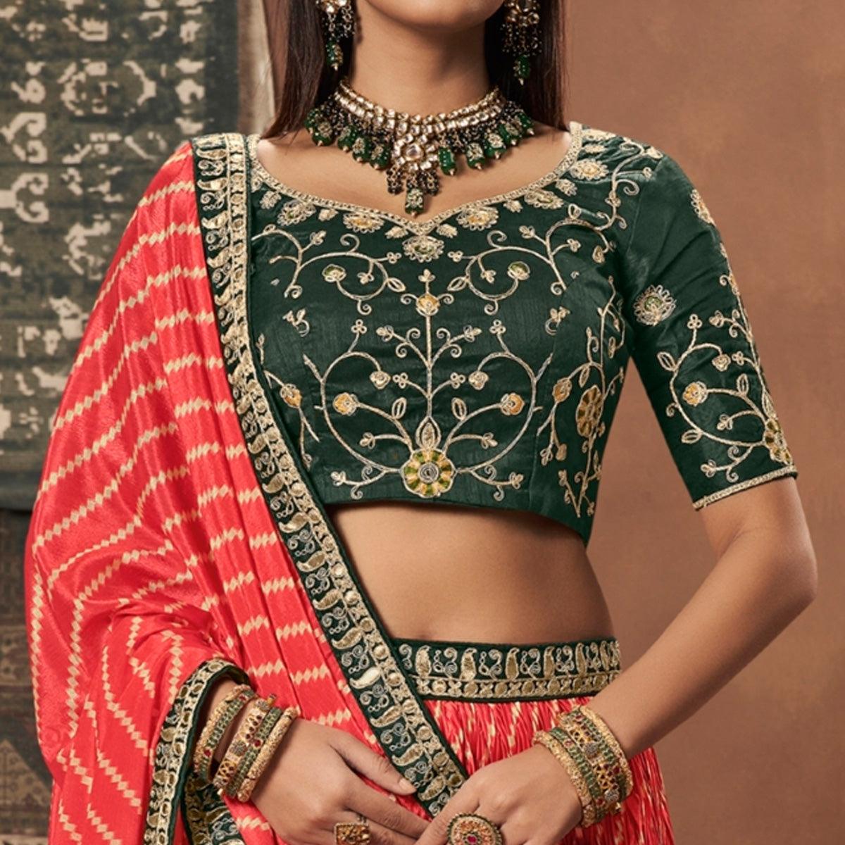 Red-Green Stripes Printed Art Silk Lehenga Choli - Peachmode