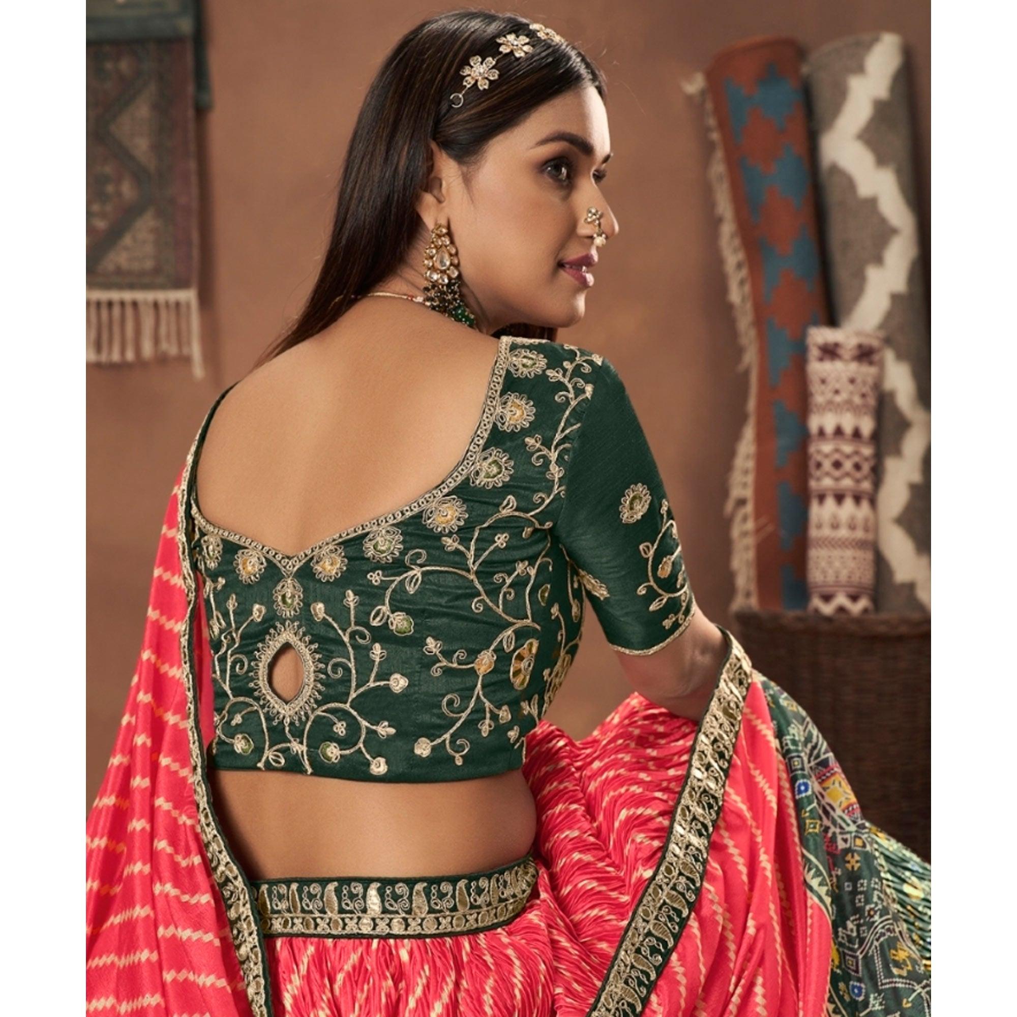 Red-Green Stripes Printed Art Silk Lehenga Choli - Peachmode