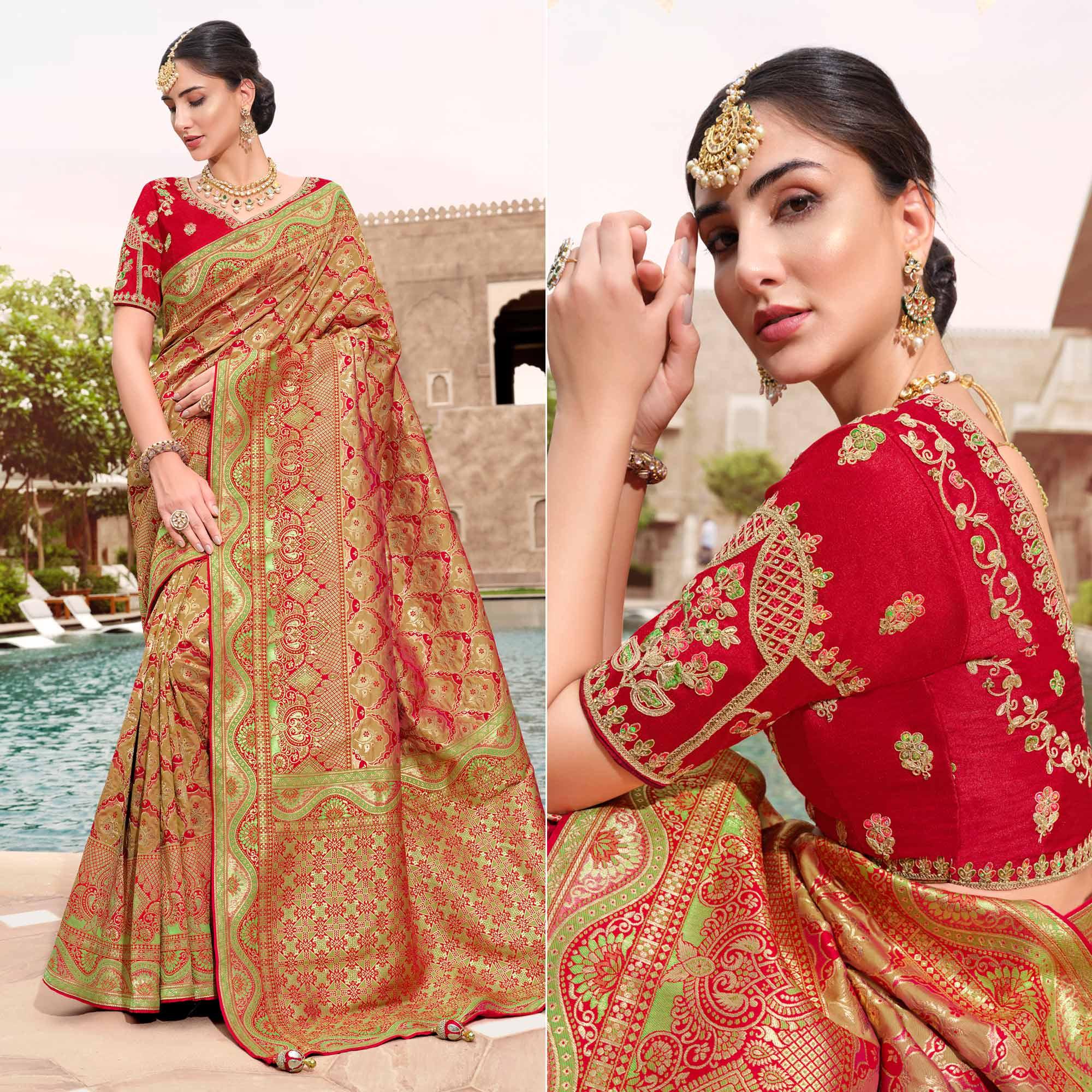 Red-Green Woven Banarasi Silk Saree With Tassels - Peachmode