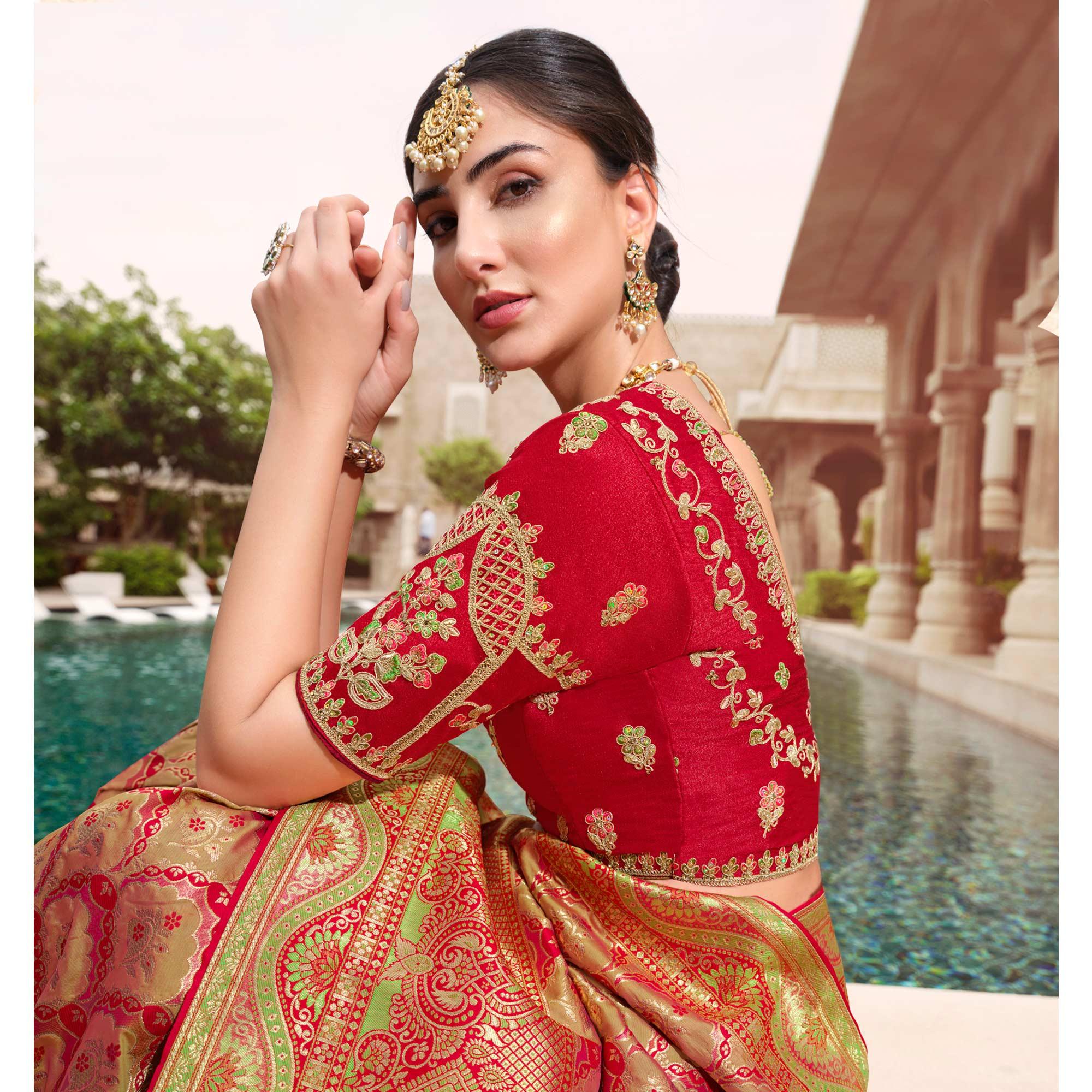 Red-Green Woven Banarasi Silk Saree With Tassels - Peachmode