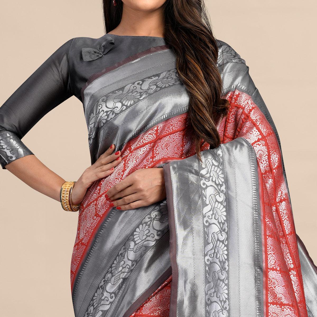 Red-Grey Festive Wear Rich Woven Border Soft Banarasi Silk Saree - Peachmode