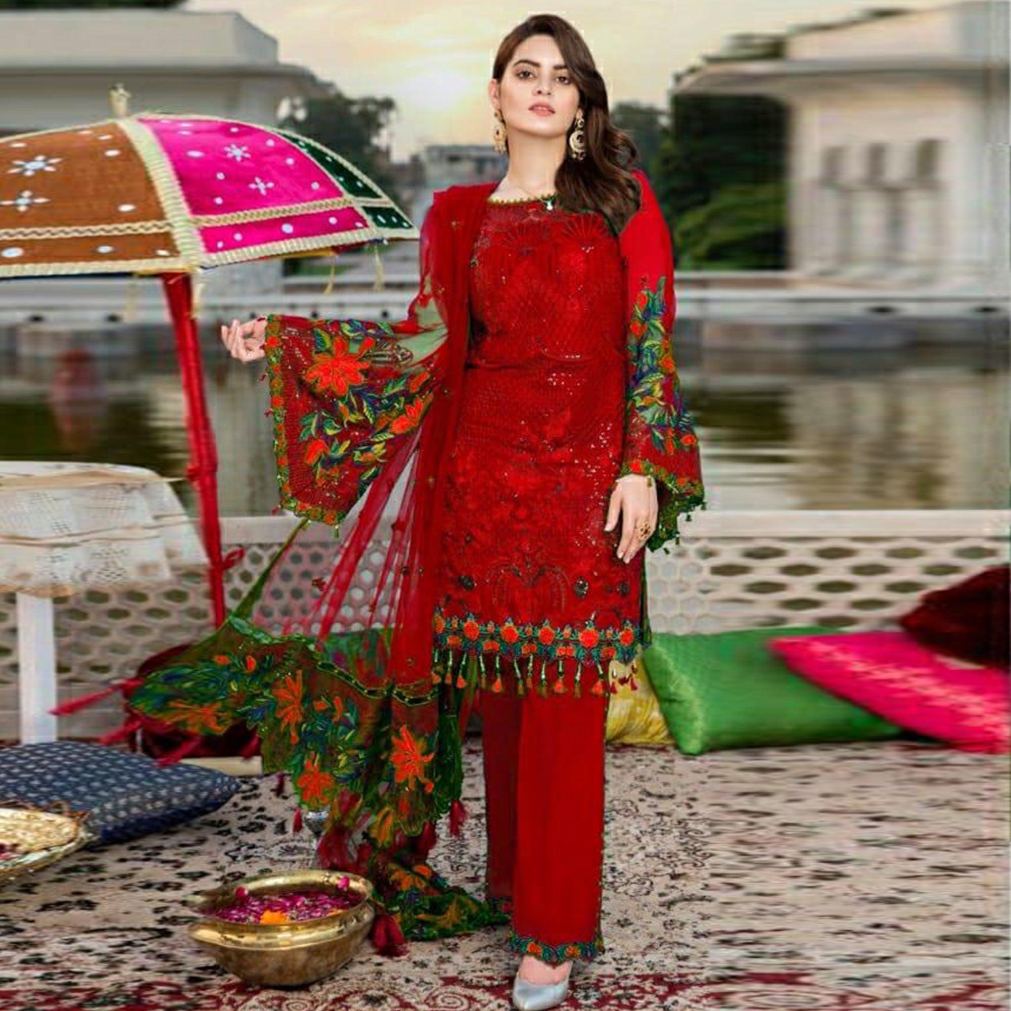 Red Heavy Floral Embroidery Work Georgette Partywear Suit - Peachmode