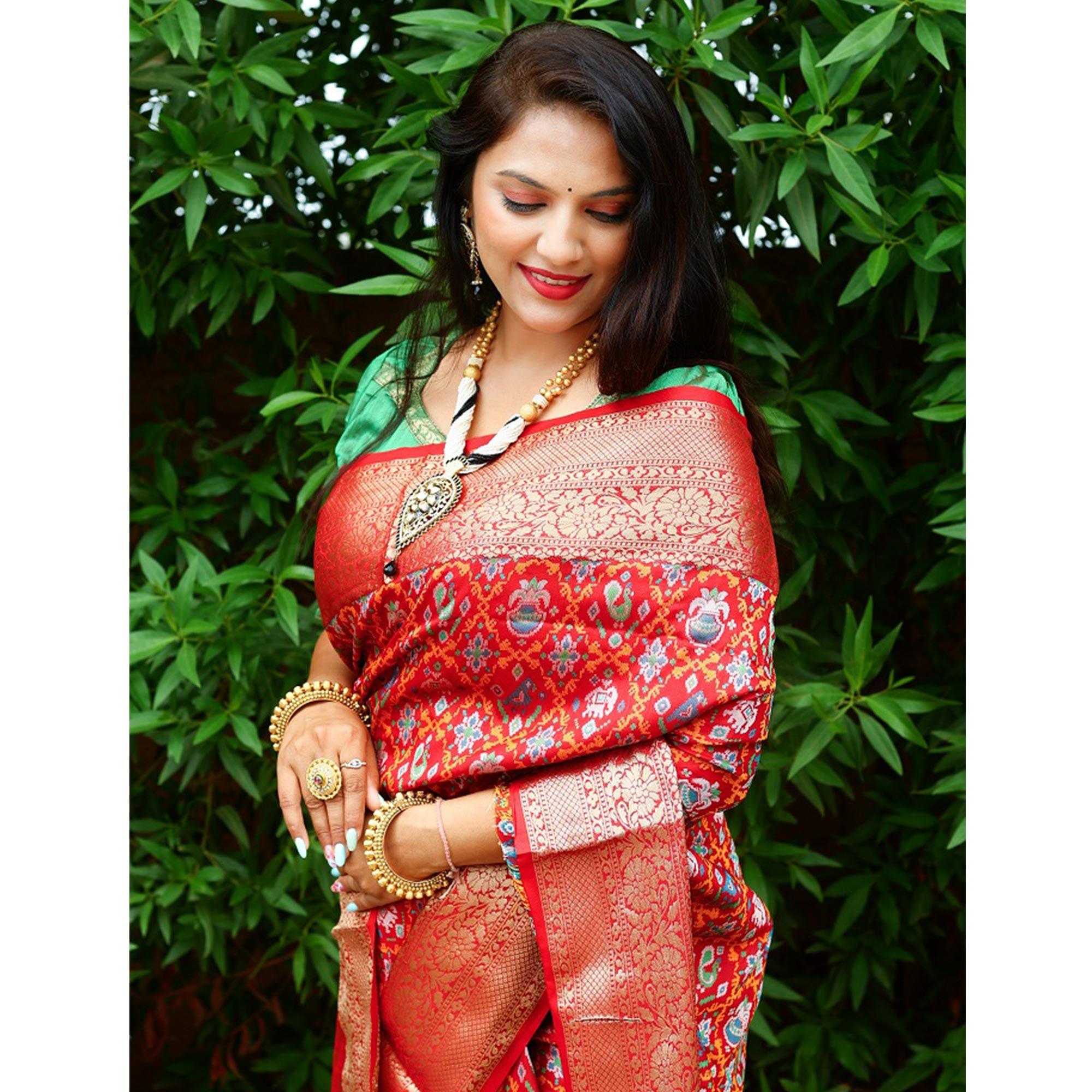 Red Ikkat Printed Art Silk Saree - Peachmode