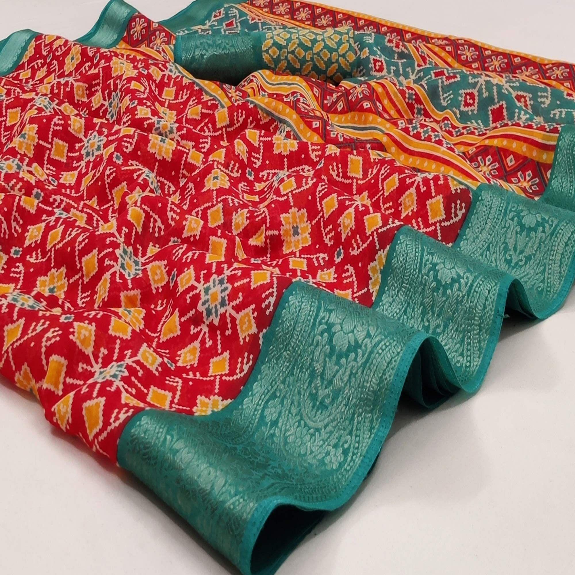 Red Ikkat Printed Pure Cotton Saree - Peachmode