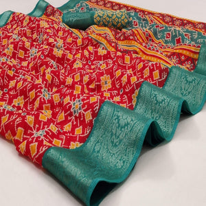 Red Ikkat Printed Pure Cotton Saree - Peachmode