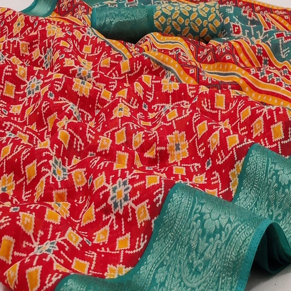 Red Ikkat Printed Pure Cotton Saree - Peachmode
