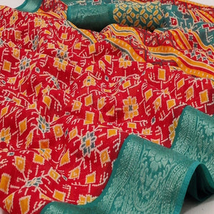 Red Ikkat Printed Pure Cotton Saree - Peachmode