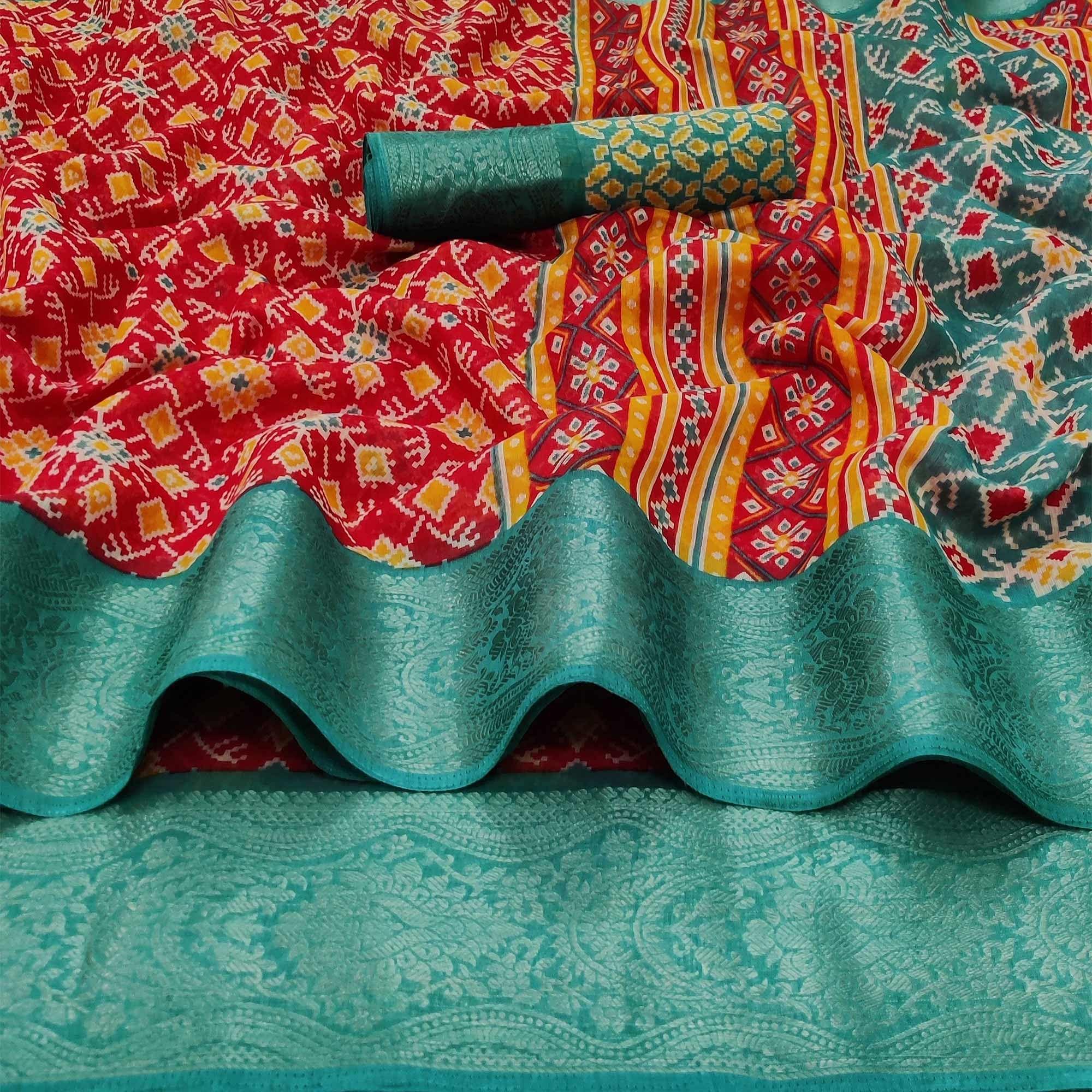 Red Ikkat Printed Pure Cotton Saree - Peachmode