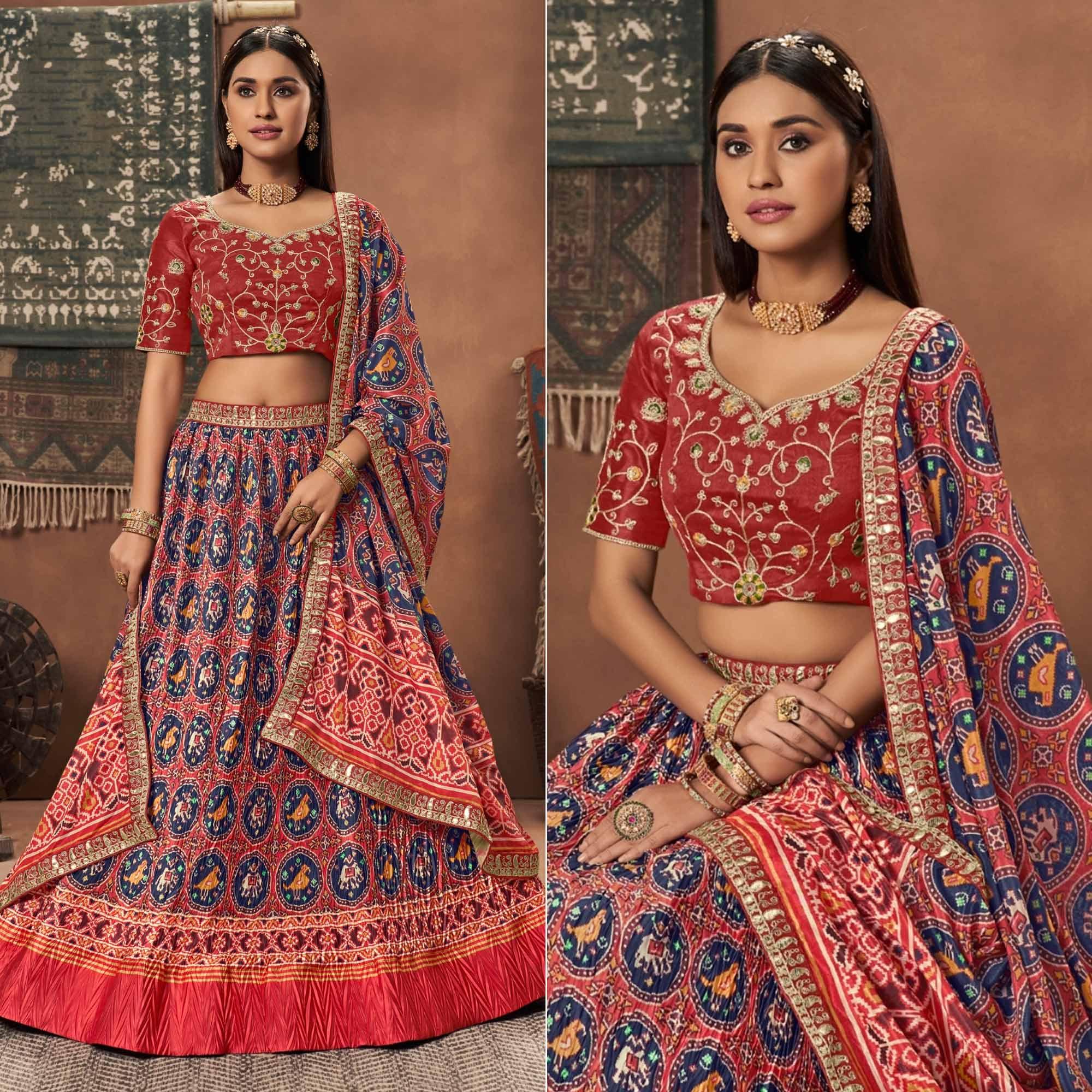 Red Kalamkari Printed Art Silk Lehenga Choli - Peachmode