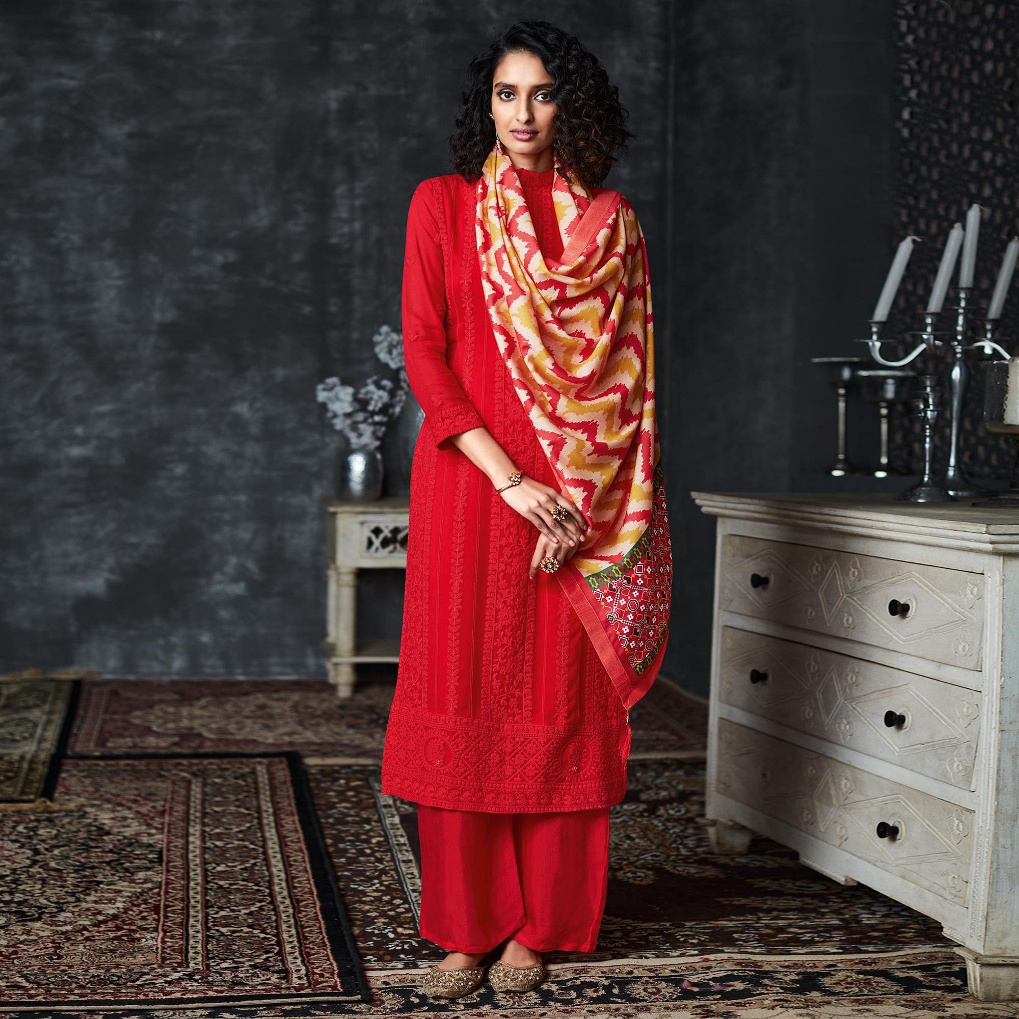 Red Lakhnavi Embroidery Georgette Partywear Palazzo Suit - Peachmode