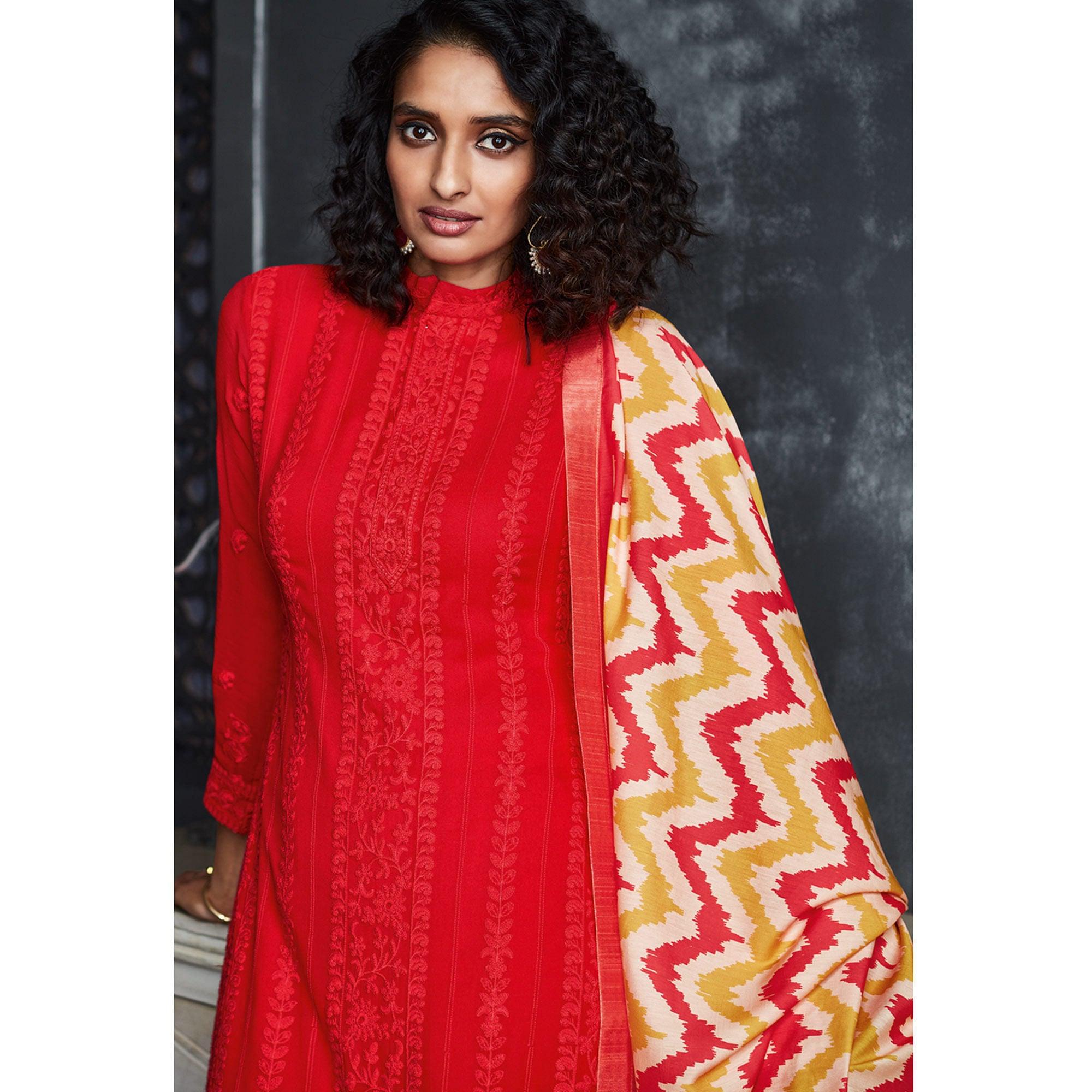 Red Lakhnavi Embroidery Georgette Partywear Palazzo Suit - Peachmode
