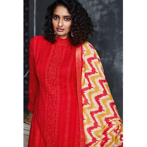 Red Lakhnavi Embroidery Georgette Partywear Palazzo Suit - Peachmode