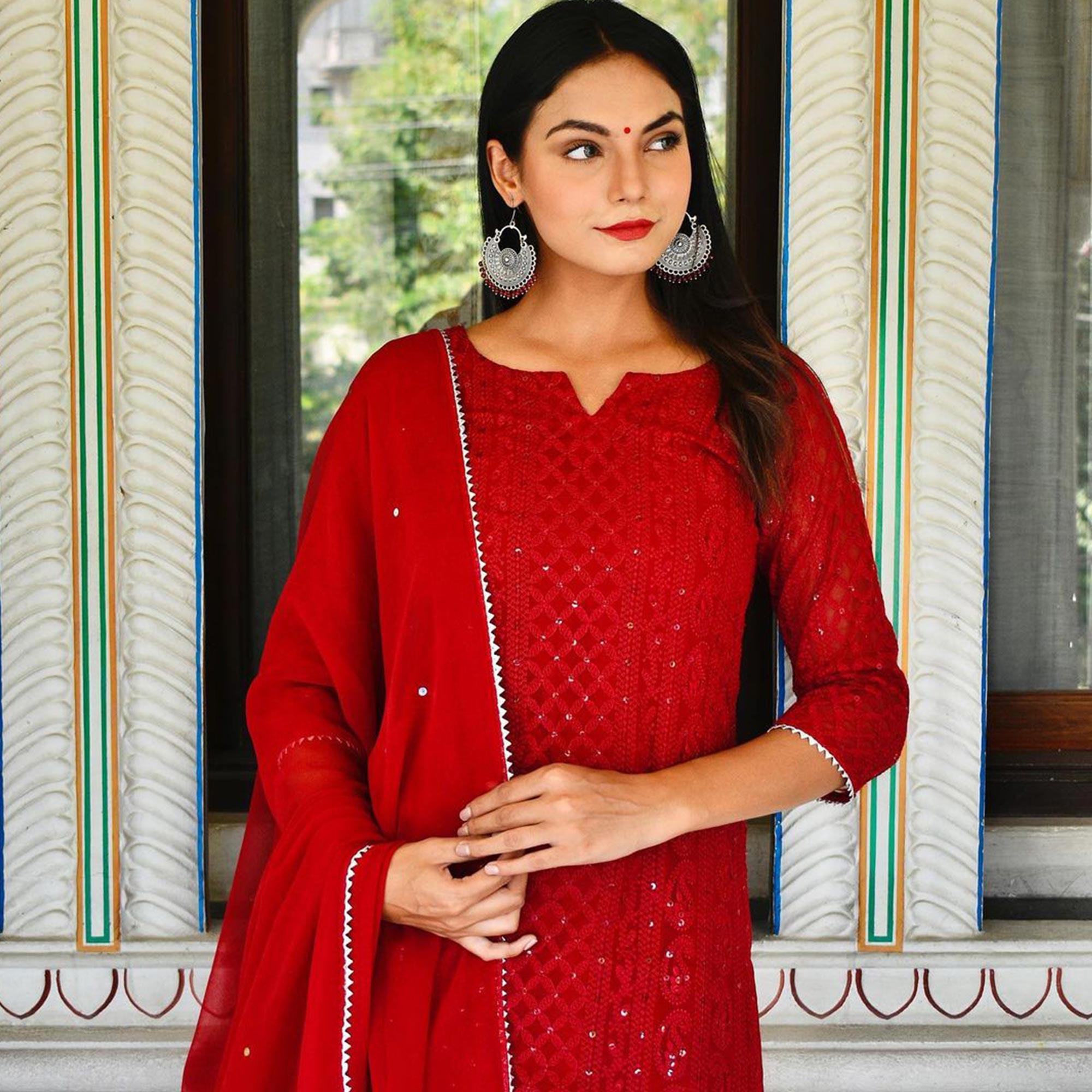 Red Lucknowi Chikankari Work Georgette Kurti Pant Set With Dupatta - Peachmode