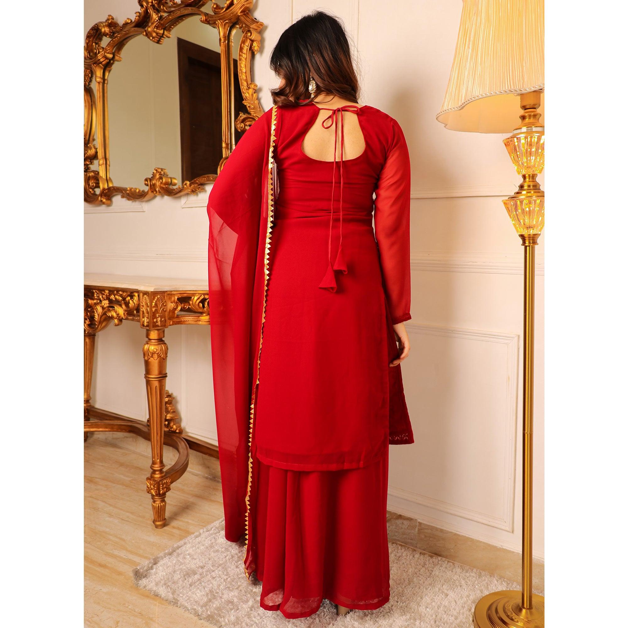 Red Lucknowi Embroidered Georgette Palazzo Suit - Peachmode