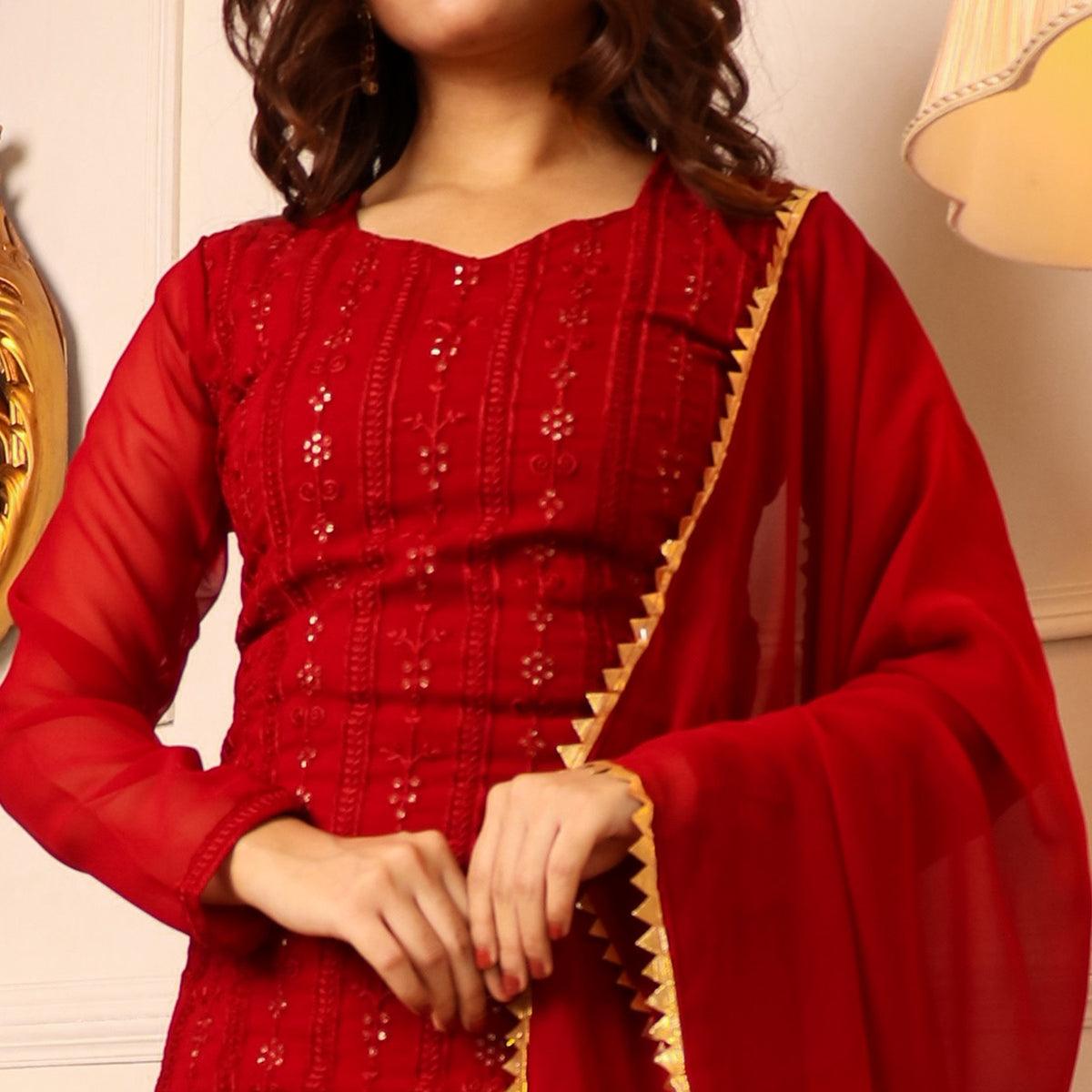 Red Lucknowi Embroidered Georgette Palazzo Suit - Peachmode