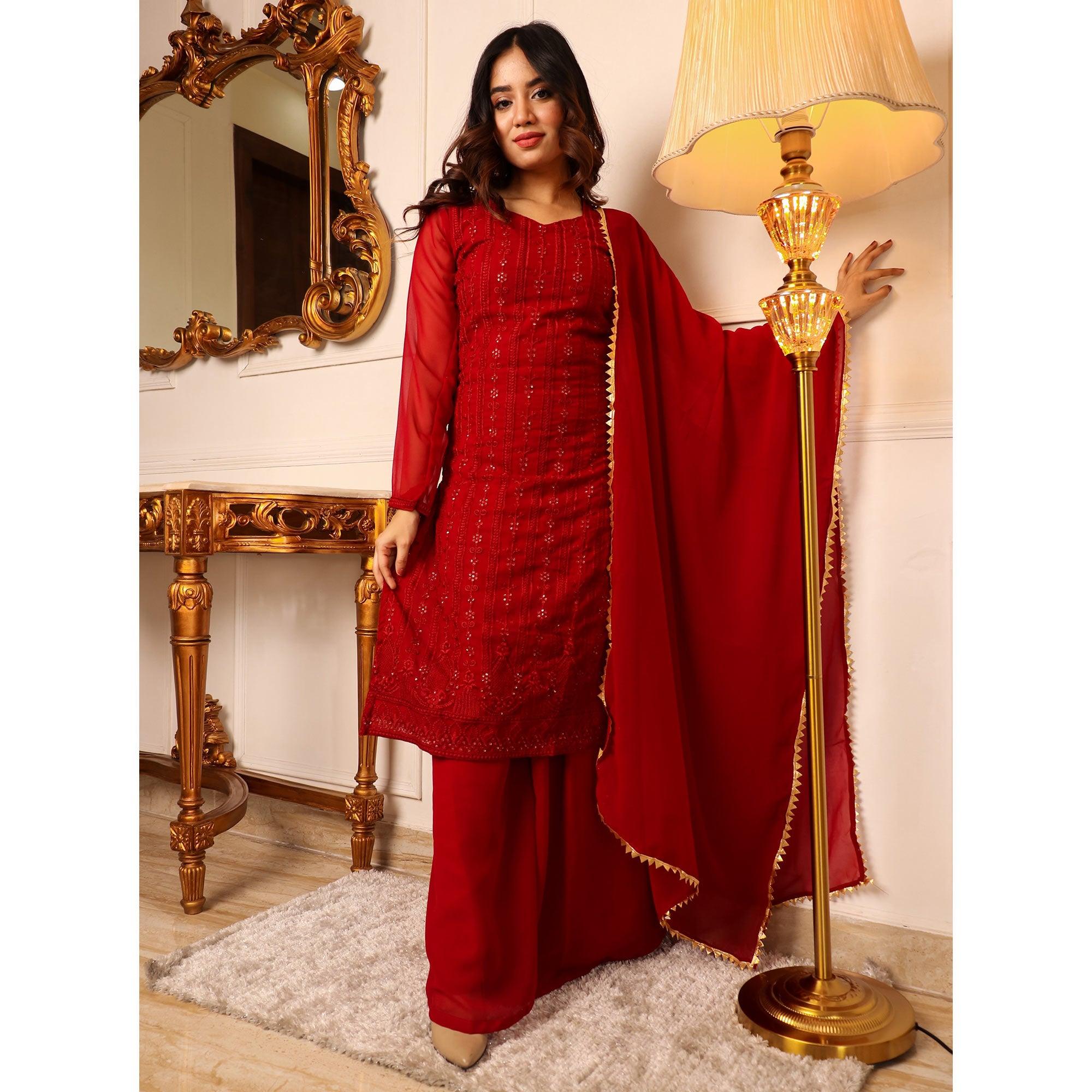 Red Lucknowi Embroidered Georgette Palazzo Suit - Peachmode