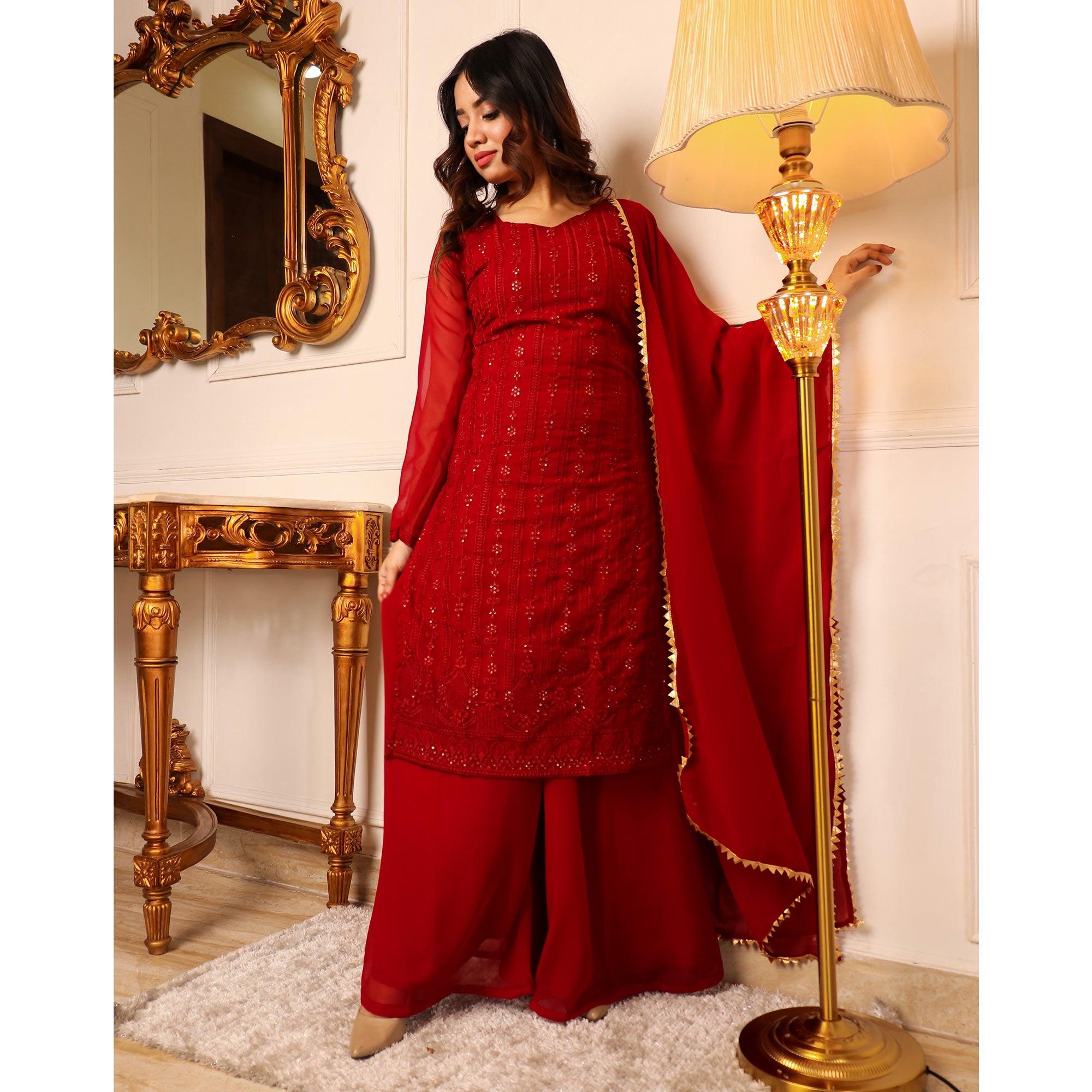 Red Lucknowi Embroidered Georgette Palazzo Suit - Peachmode