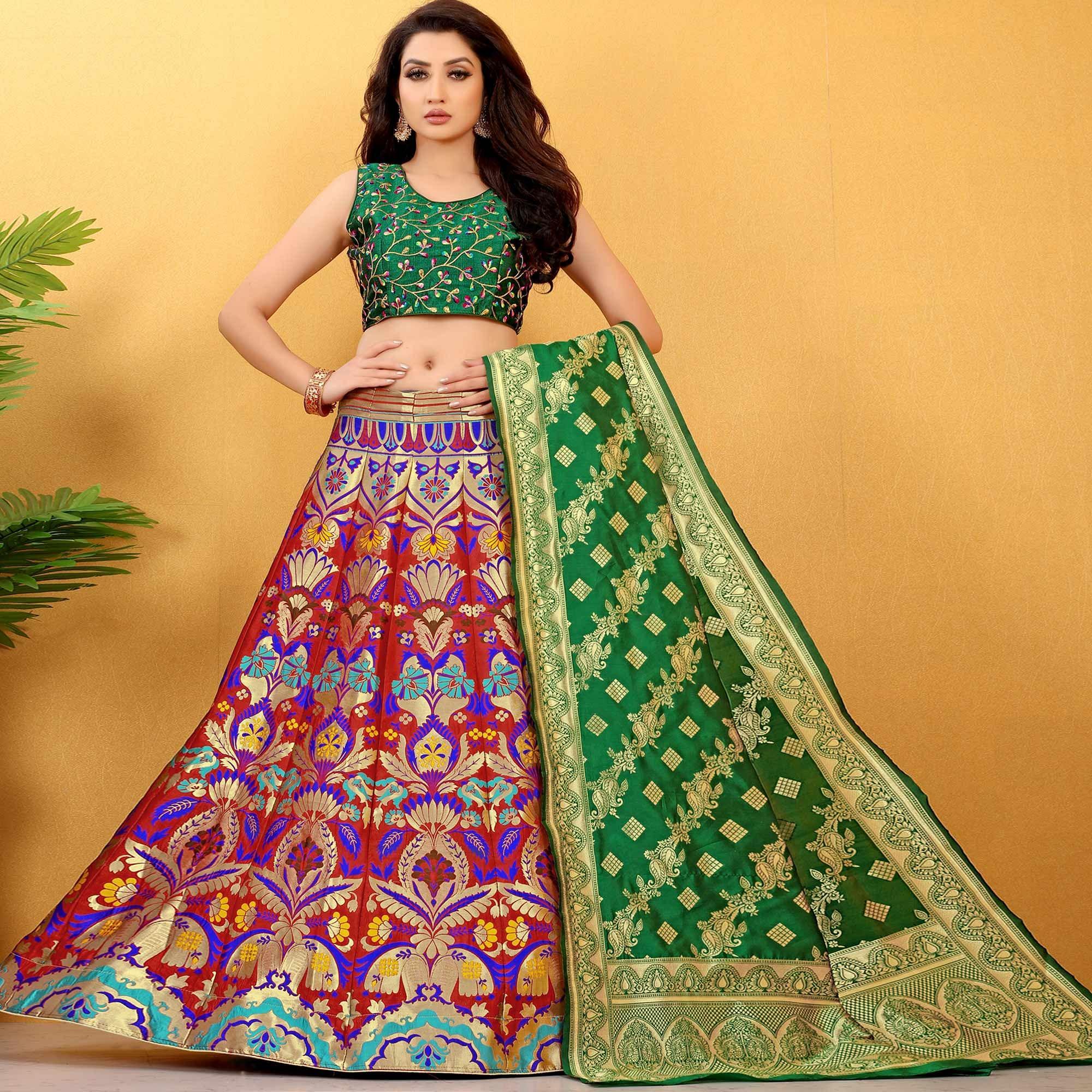 Red Meenakari Woven Banarasi Silk Lehenga Choli - Peachmode
