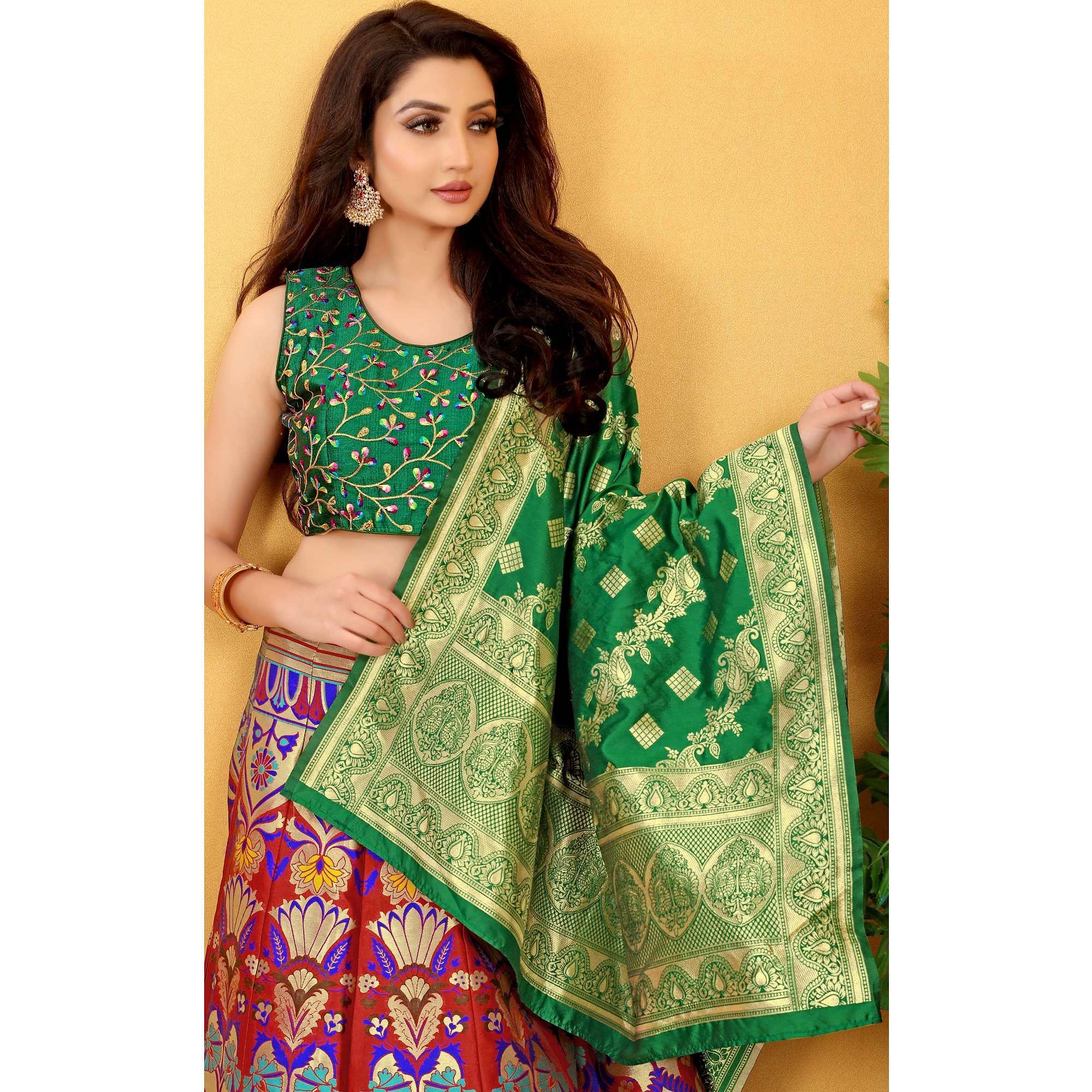 Red Meenakari Woven Banarasi Silk Lehenga Choli - Peachmode