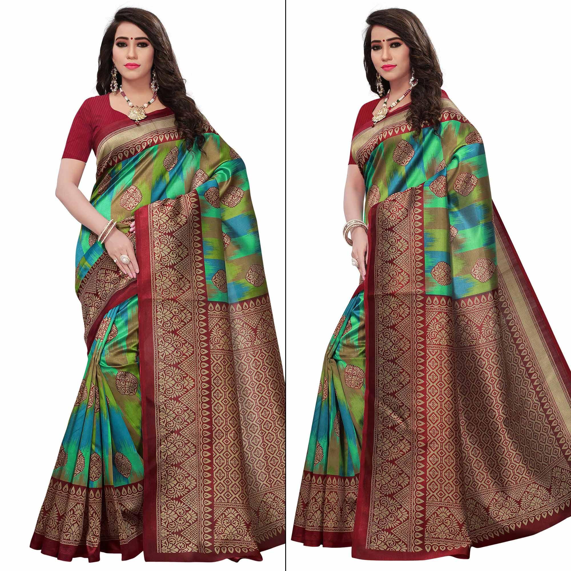 Red-Multi Colored Woven Mysore Silk Saree - Peachmode