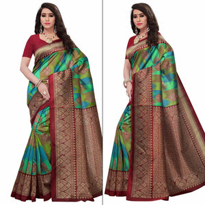Red-Multi Colored Woven Mysore Silk Saree - Peachmode