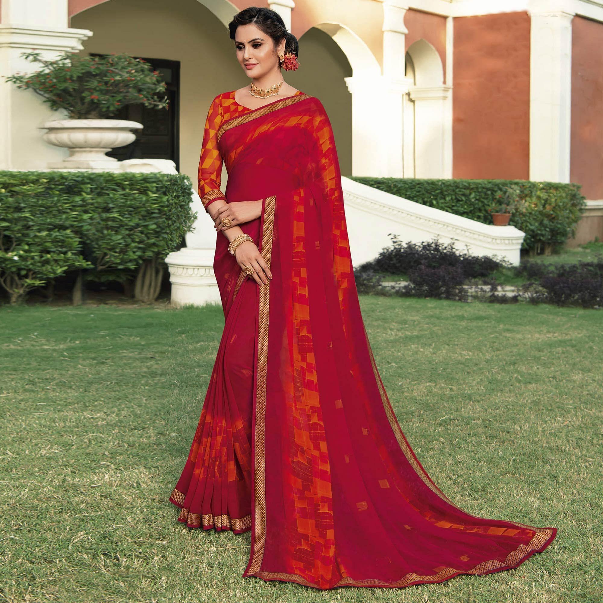 Red-Orange Casual Wear Solid Georgette Saree - Peachmode