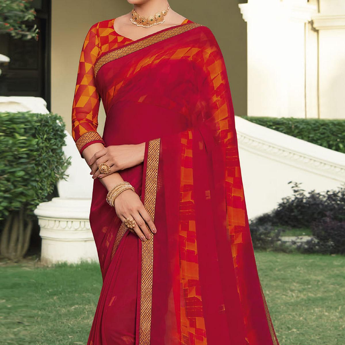 Red-Orange Casual Wear Solid Georgette Saree - Peachmode