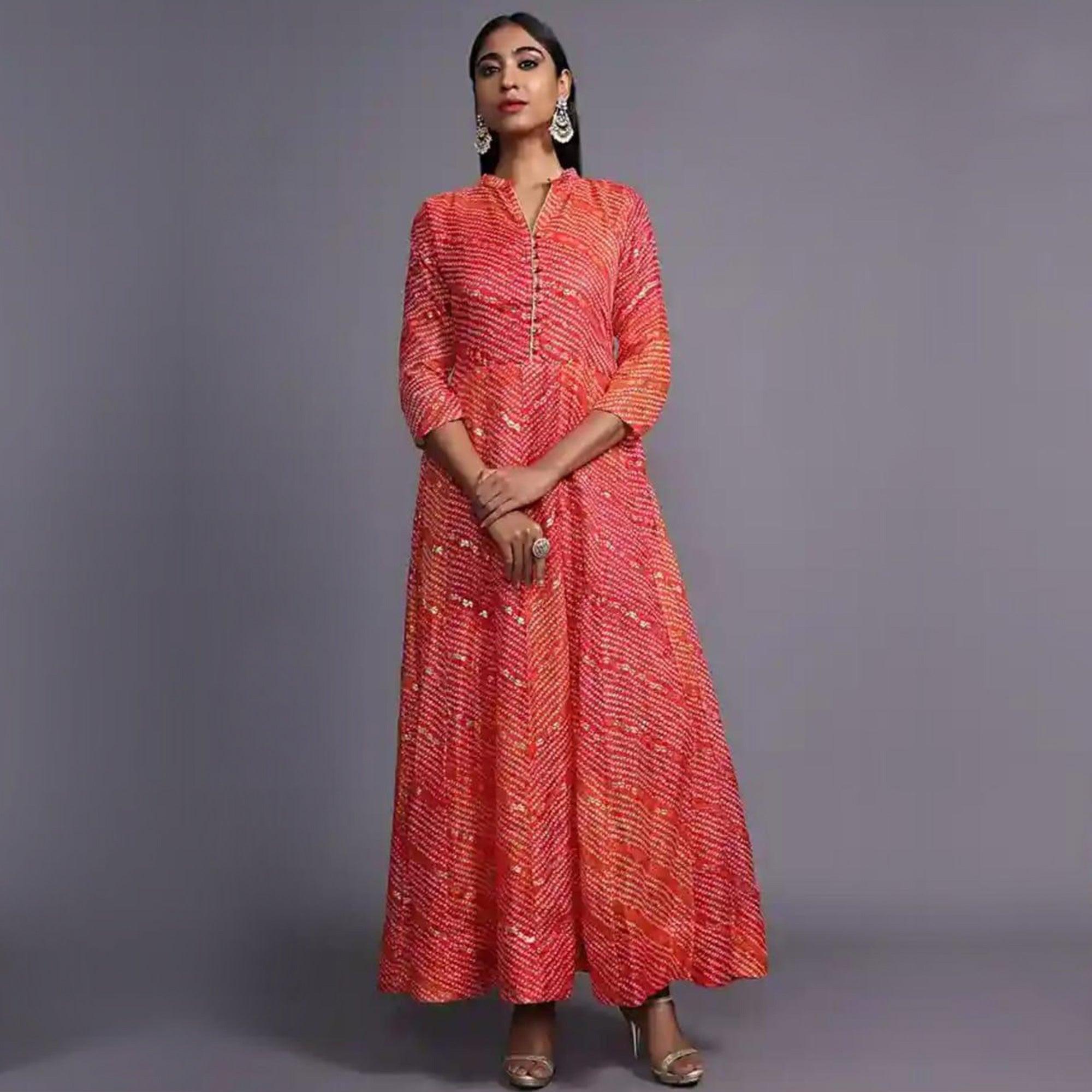 Red Party Wear Bandhani Printed Flared With Glittering Foil Kota Doriya Long Gown - Peachmode