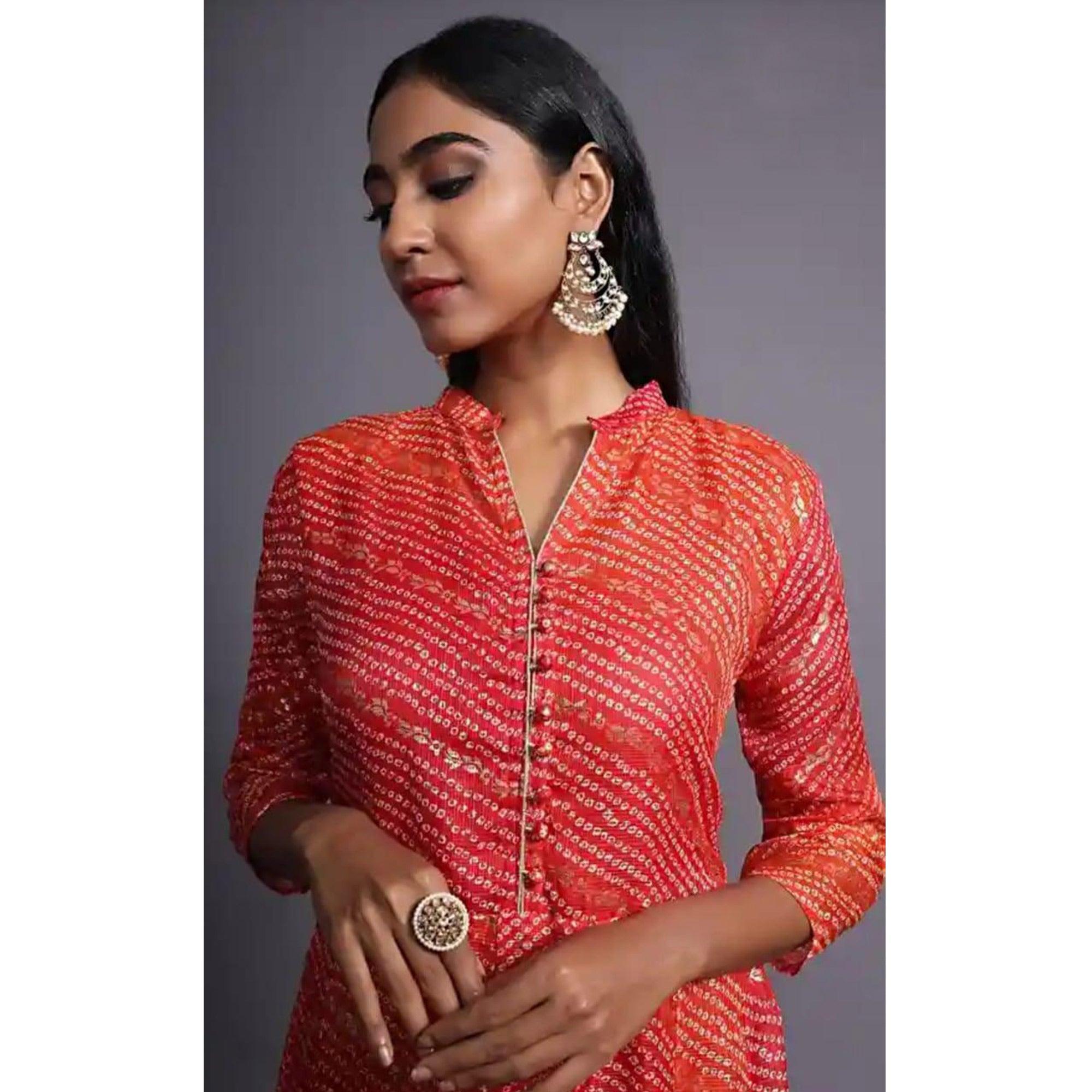 Red Party Wear Bandhani Printed Flared With Glittering Foil Kota Doriya Long Gown - Peachmode