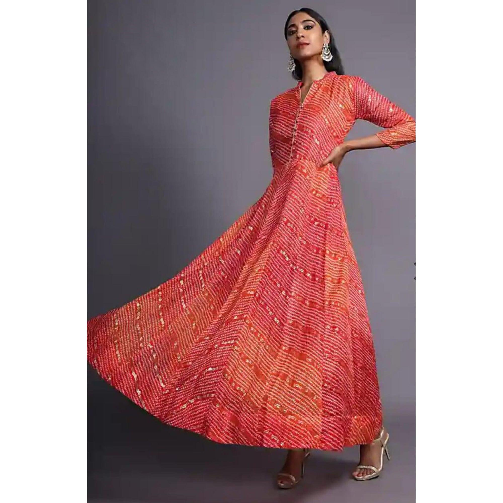 Red Party Wear Bandhani Printed Flared With Glittering Foil Kota Doriya Long Gown - Peachmode