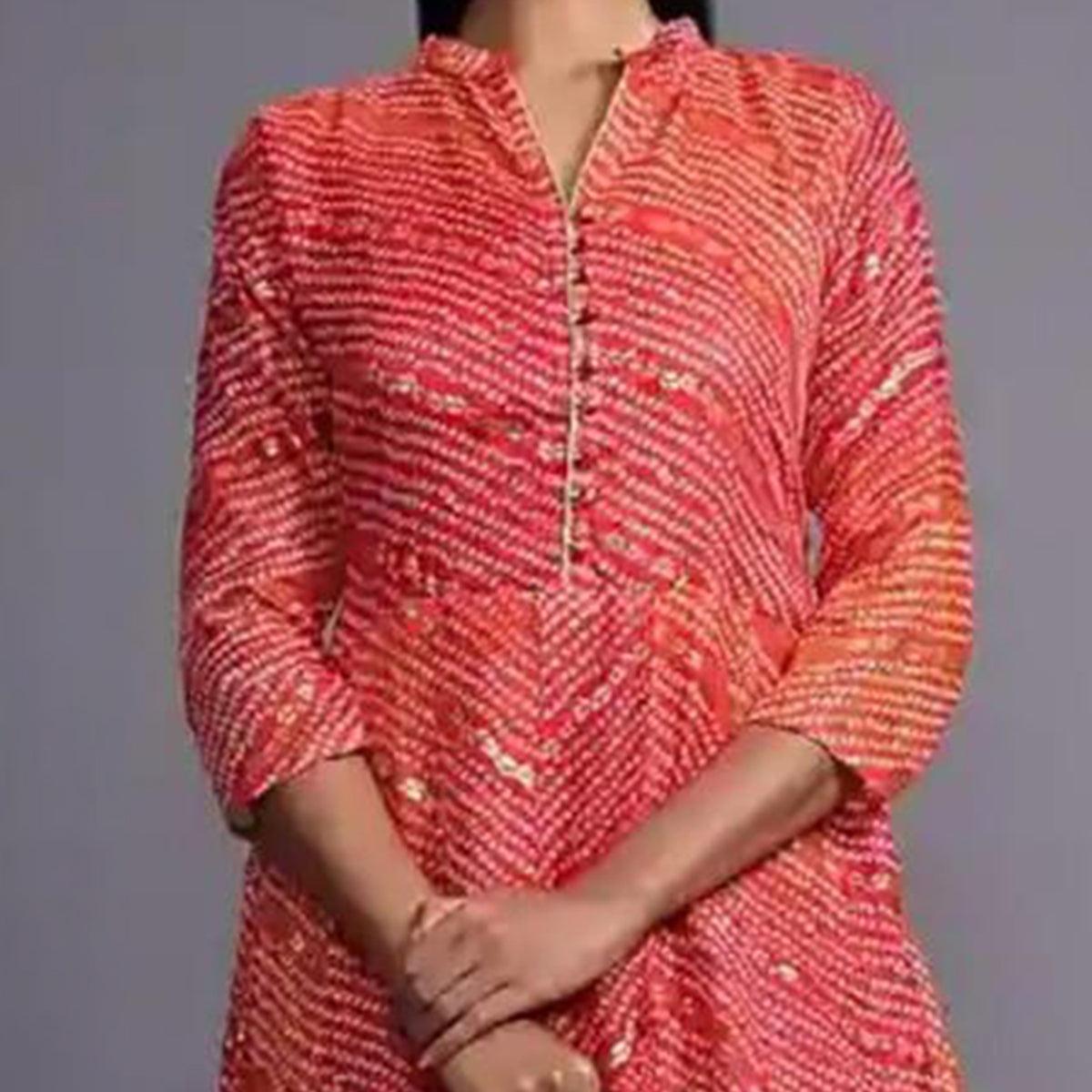 Red Party Wear Bandhani Printed Flared With Glittering Foil Kota Doriya Long Gown - Peachmode