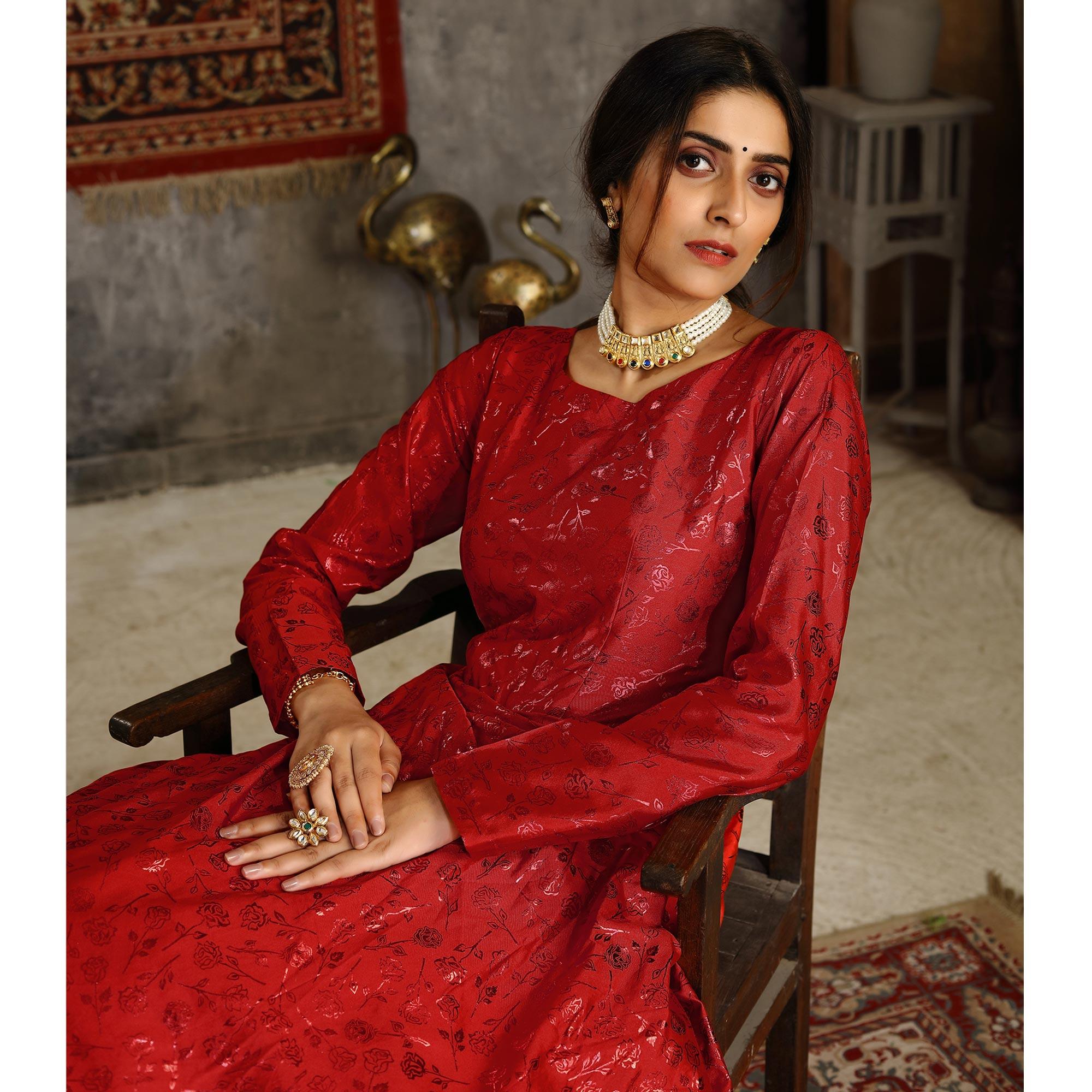 Red Party Wear Designer Metalic Foil Printed Work Taffeta Gown - Peachmode