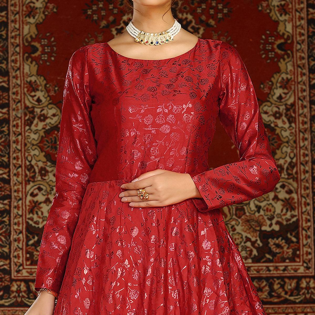 Red Party Wear Designer Metalic Foil Printed Work Taffeta Gown - Peachmode