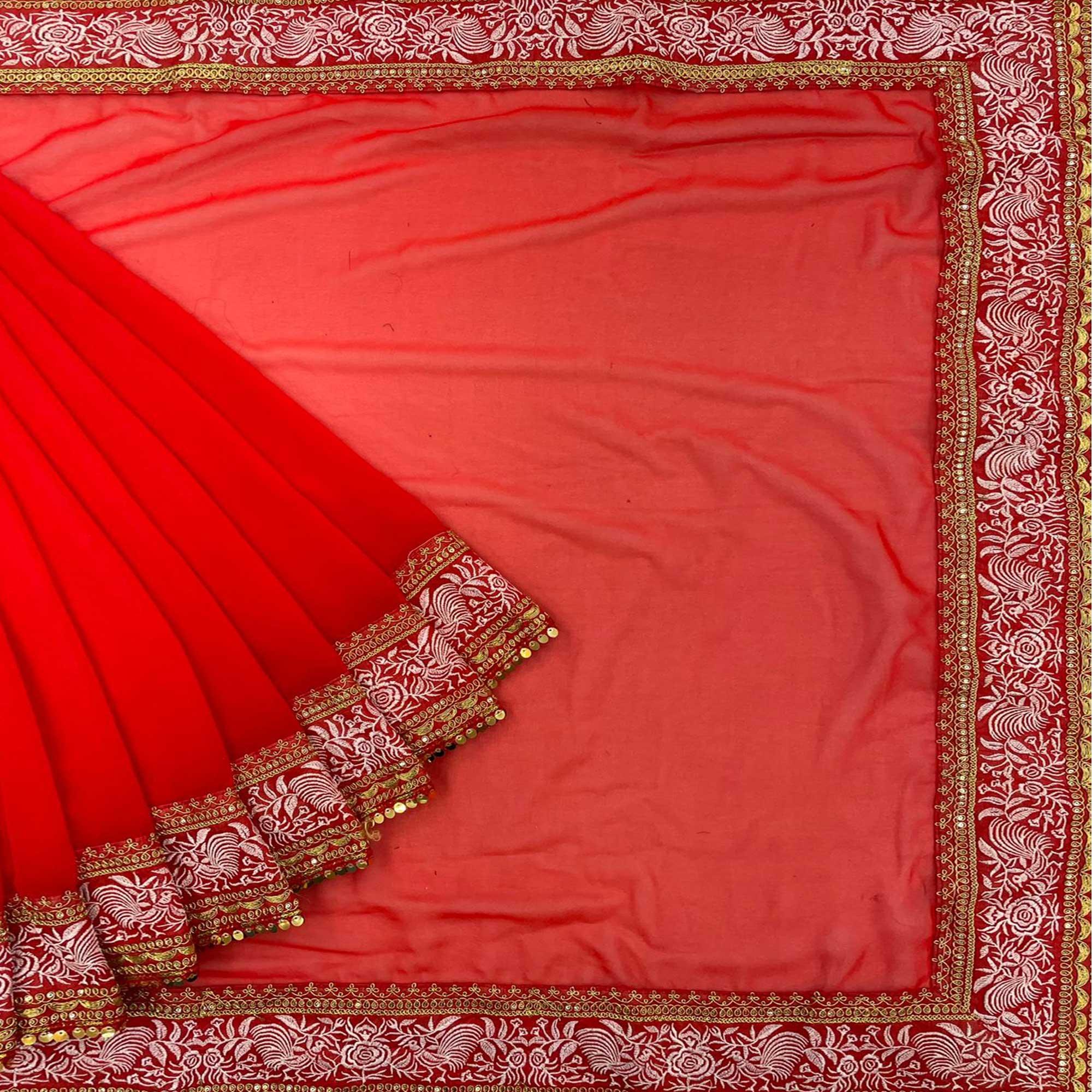 Red Party Wear Embroidered-Embellished Georgette Saree - Peachmode