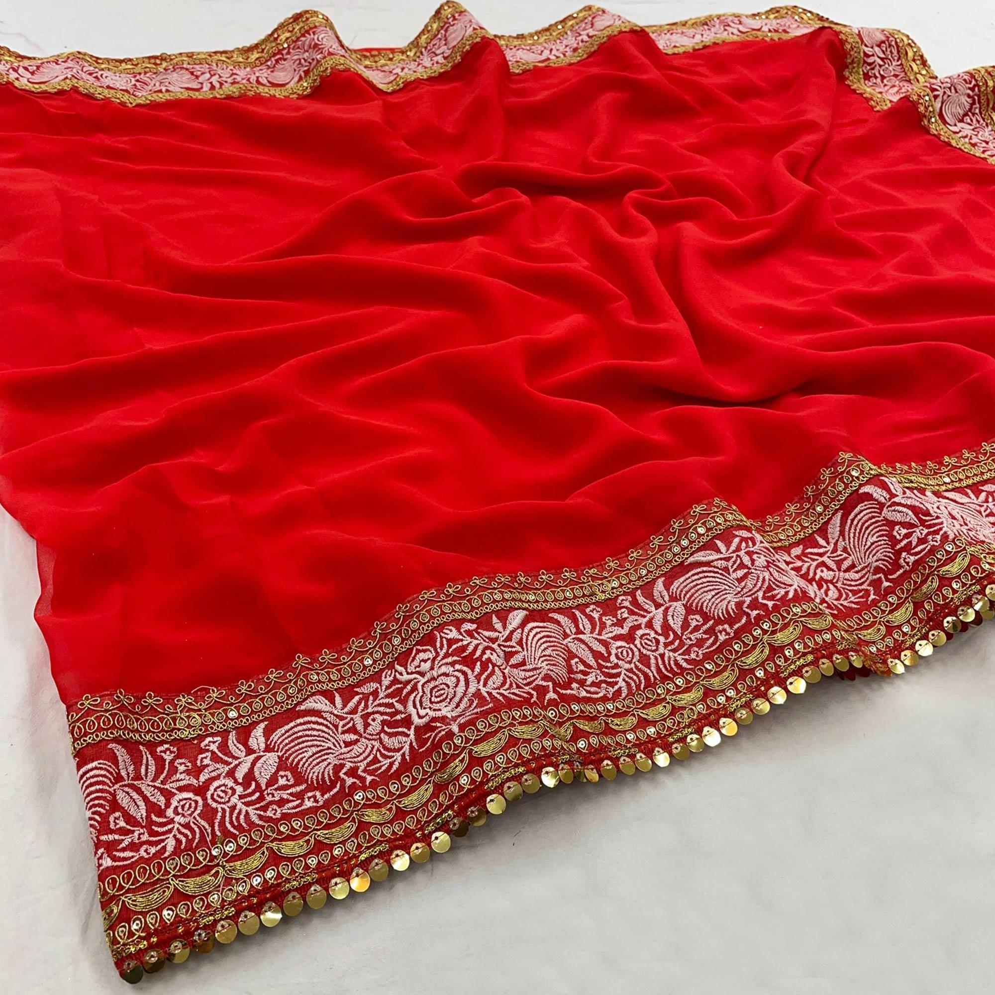 Red Party Wear Embroidered-Embellished Georgette Saree - Peachmode