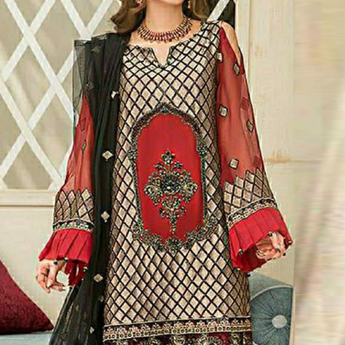 Red Party Wear Embroidered Georgette Pakistani Suit - Peachmode