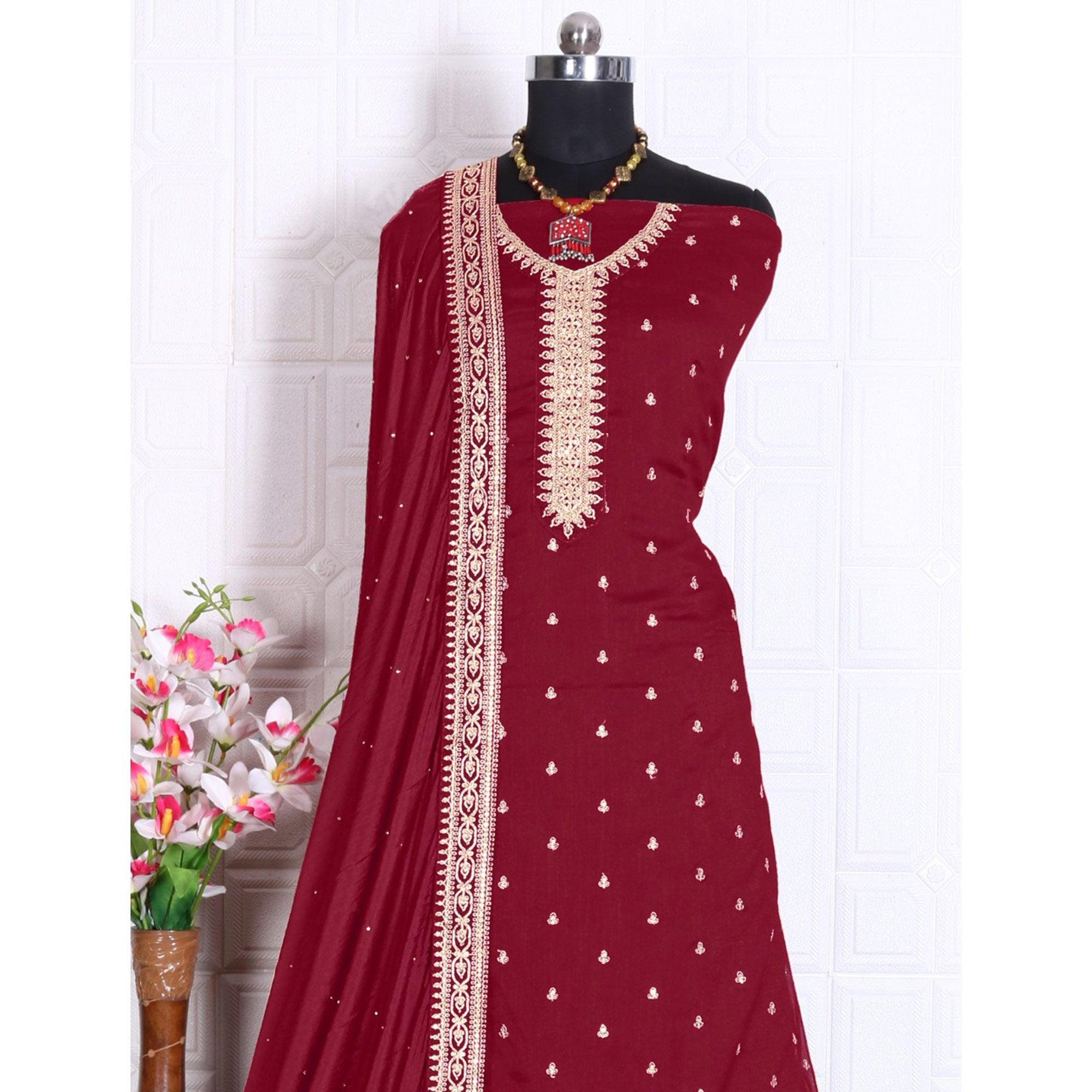 Red Party Wear Embroidered Silk Georgette Palazzo Suit - Peachmode
