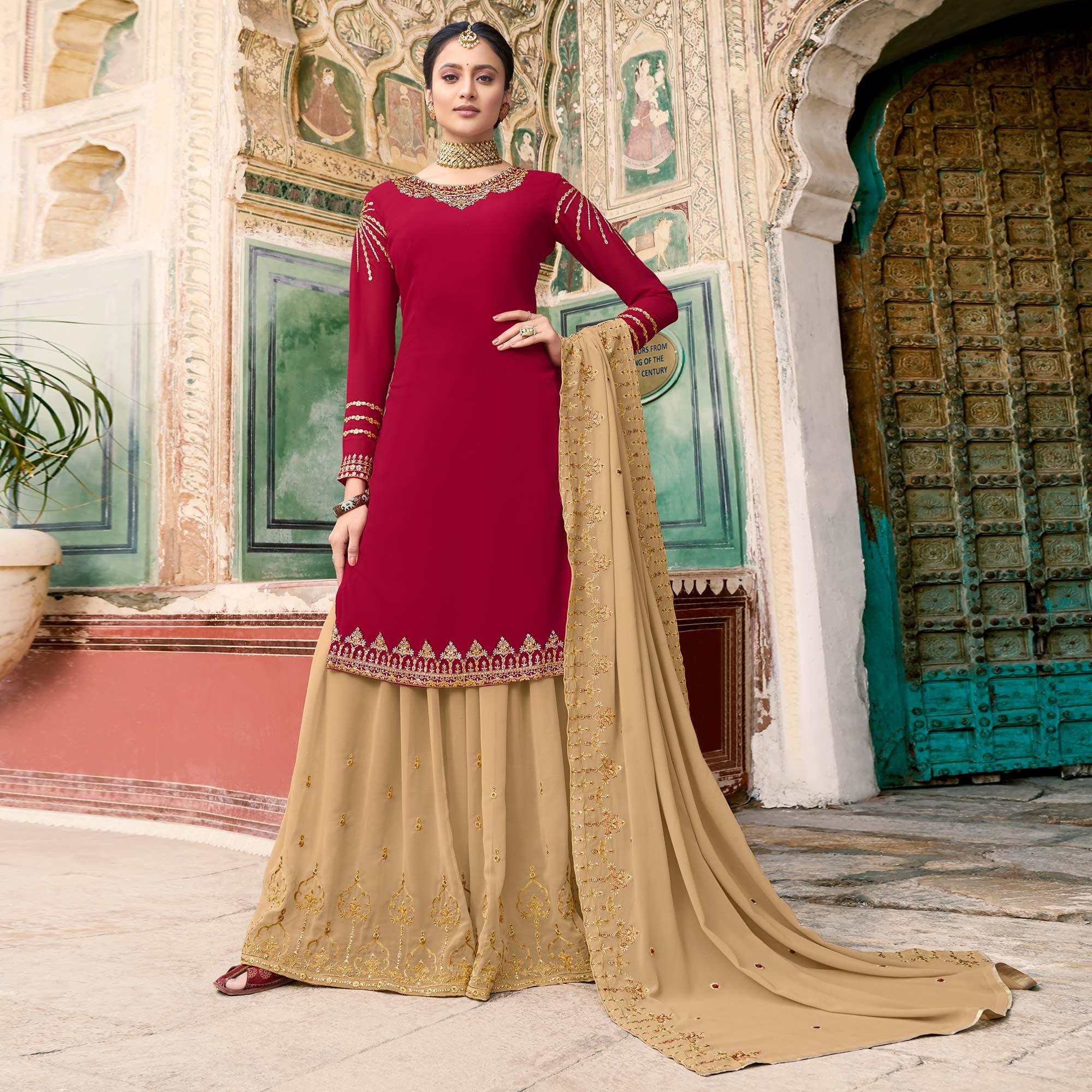 Red Party Wear Embroidery Soft Georgette Palazzo Suit - Peachmode