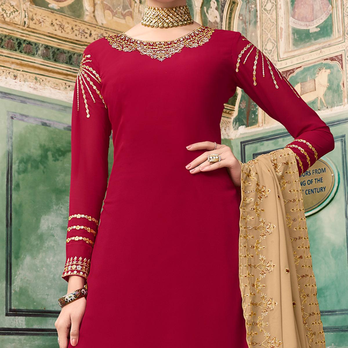 Red Party Wear Embroidery Soft Georgette Palazzo Suit - Peachmode